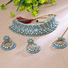 Sukkhi Gold Plated Color Stone & Kundan Sky Blue Choker Floral Necklace Set for Women