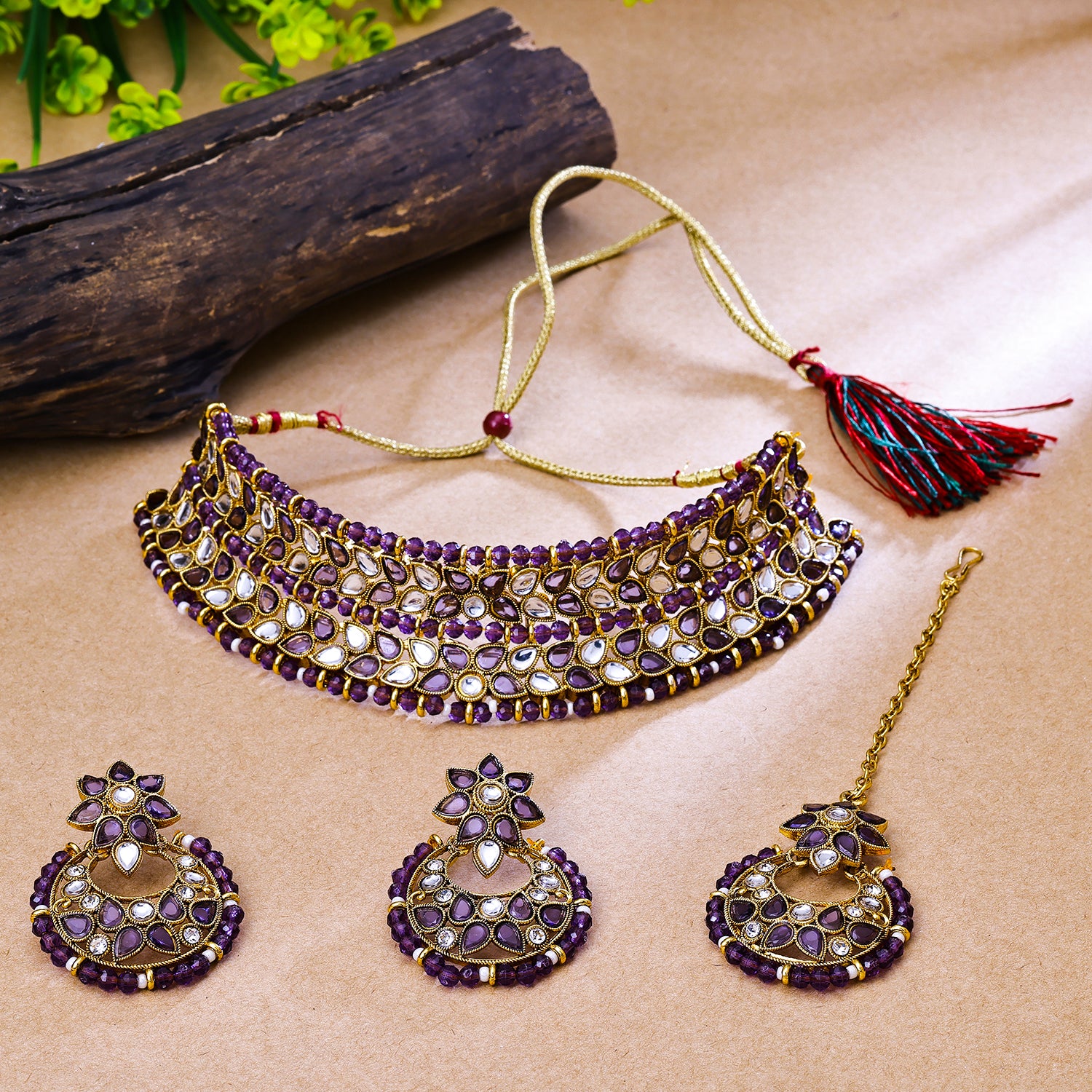 Sukkhi Gold Plated Kundan Purple Choker Floral Necklace Set for Women