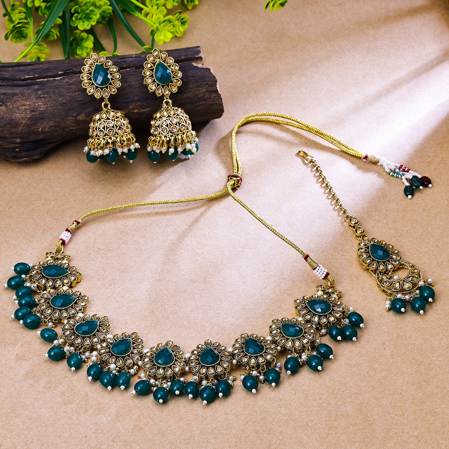 Buy Karatcart Dark Green Beaded Kundan Choker Necklace Set Online