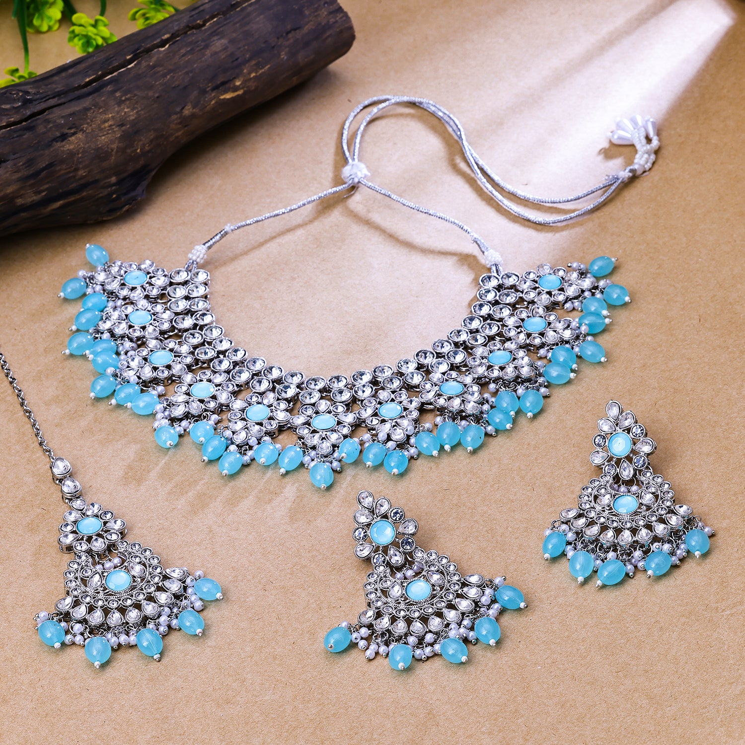 Sukkhi Rhodium Plated Color Stone & Polki Sky Blue Choker Floral Necklace Set for Women