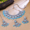 Sukkhi Rhodium Plated Color Stone & Polki Sky Blue Choker Floral Necklace Set for Women