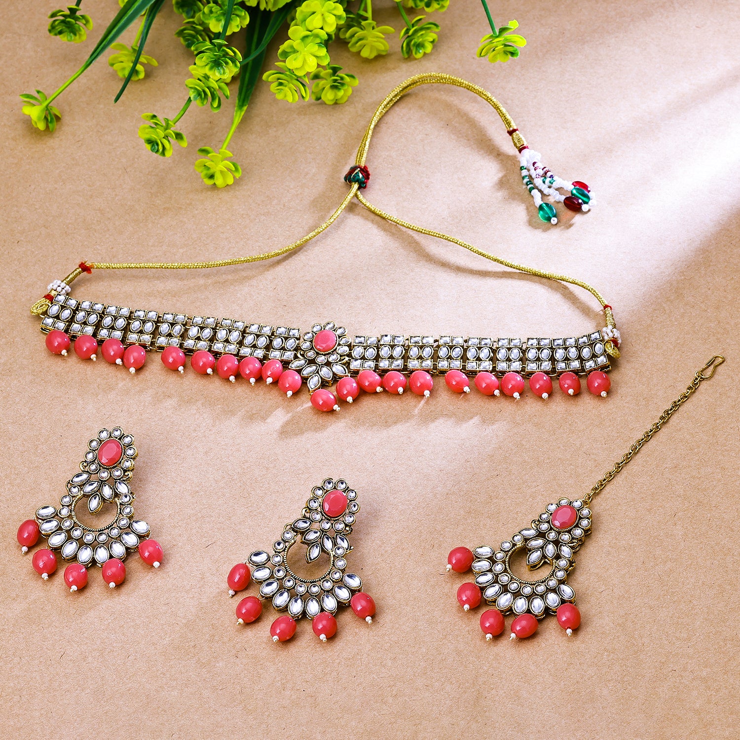 Sukkhi Gold Plated Color Stone & Kundan Pink Choker Floral Necklace Set for Women