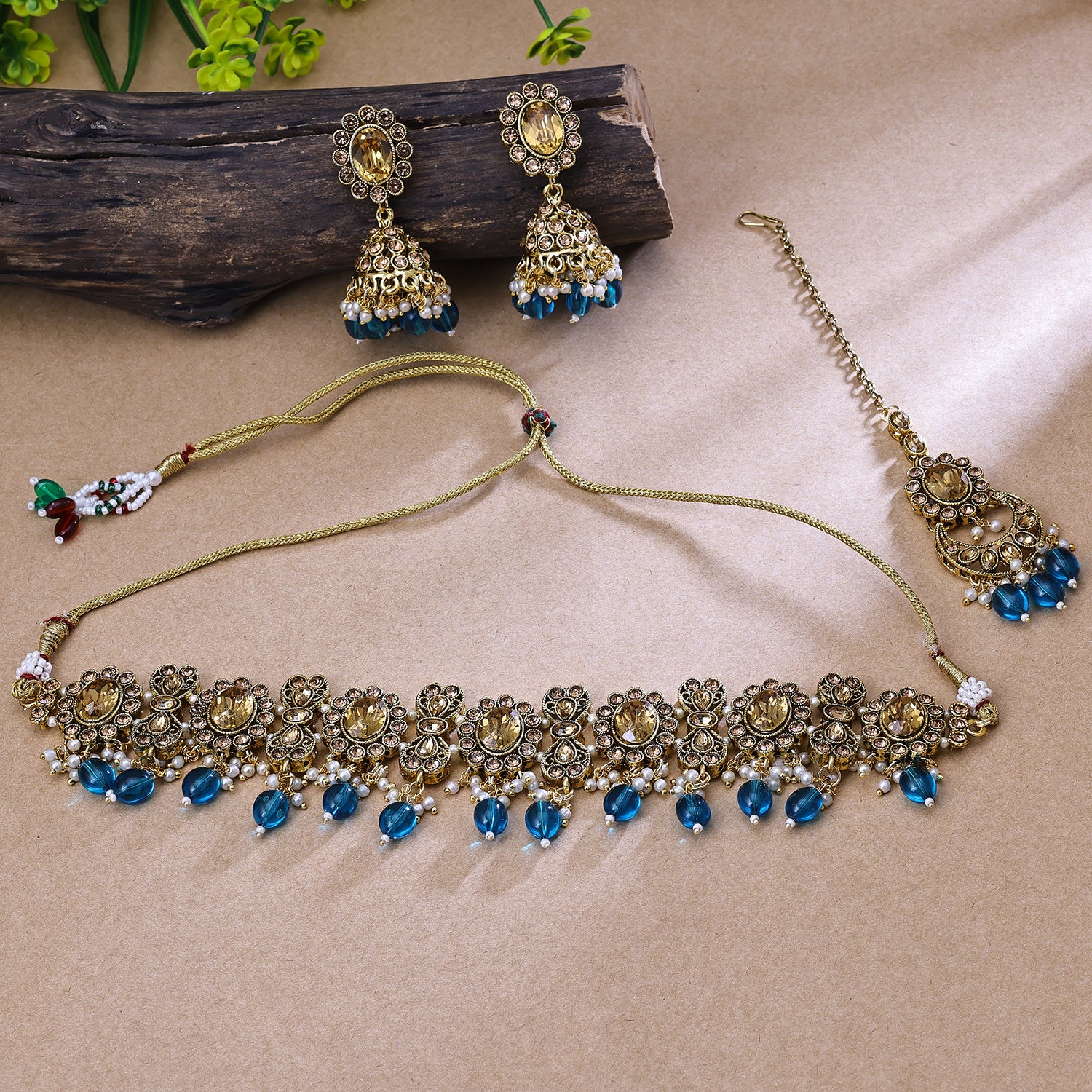Sukkhi Gold Plated Color Stone & Polki Golden And Blue Choker Floral Necklace Set for Women