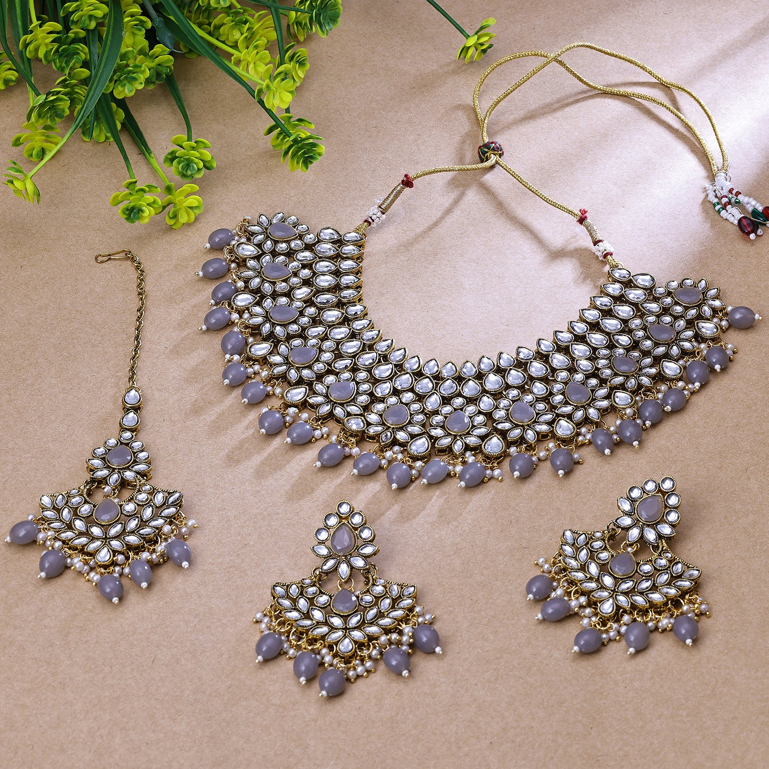 Sukkhi Rhodium Plated Color Stone & Kundan Grey Choker Floral Necklace Set for Women