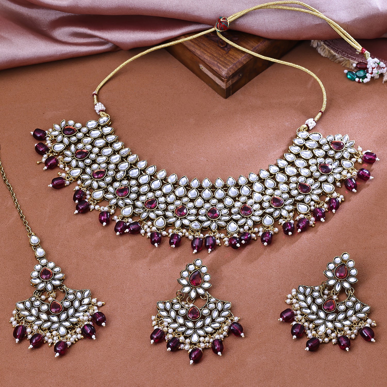 Sukkhi Gold Plated Color Stone & Kundan Maroon Choker Floral Necklace Set for Women