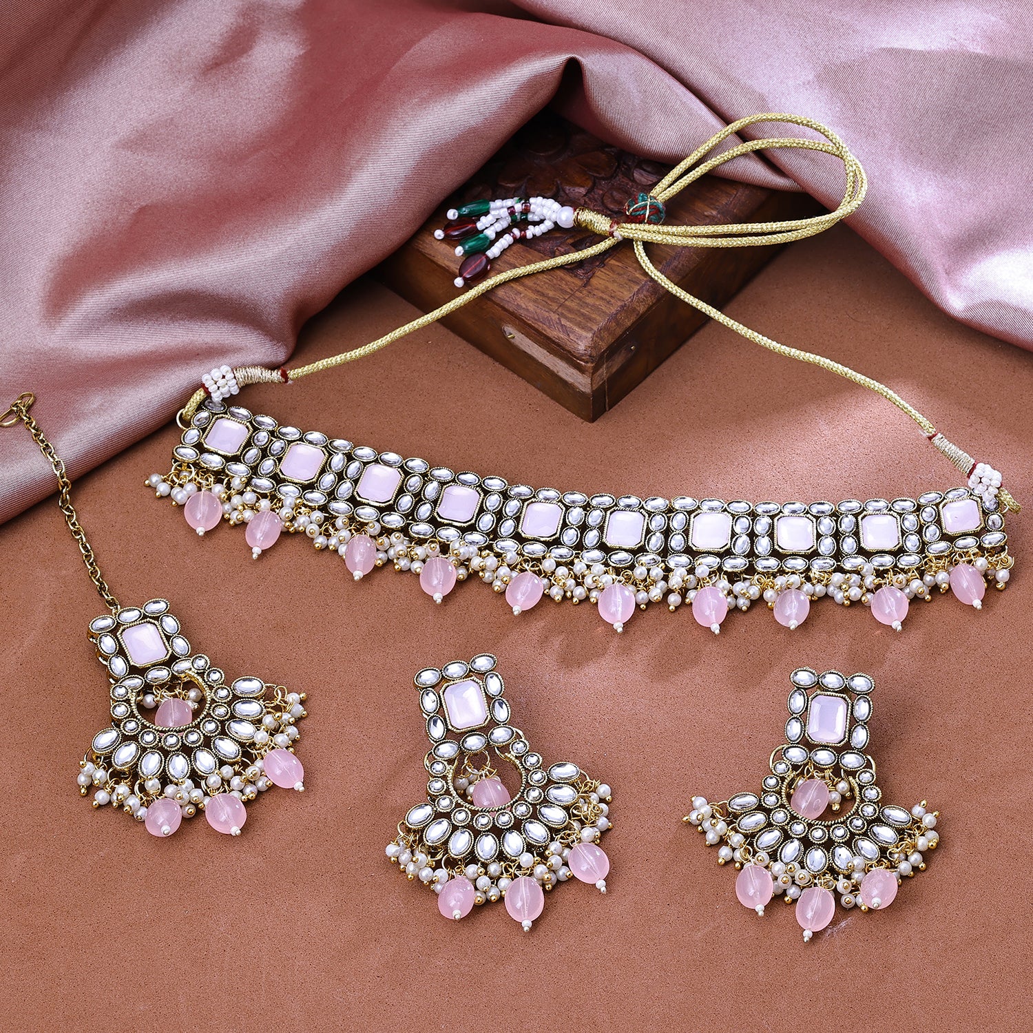 Sukkhi Gold Plated Color Stone & Kundan Silver And Light Pink Choker Floral Necklace Set for Women