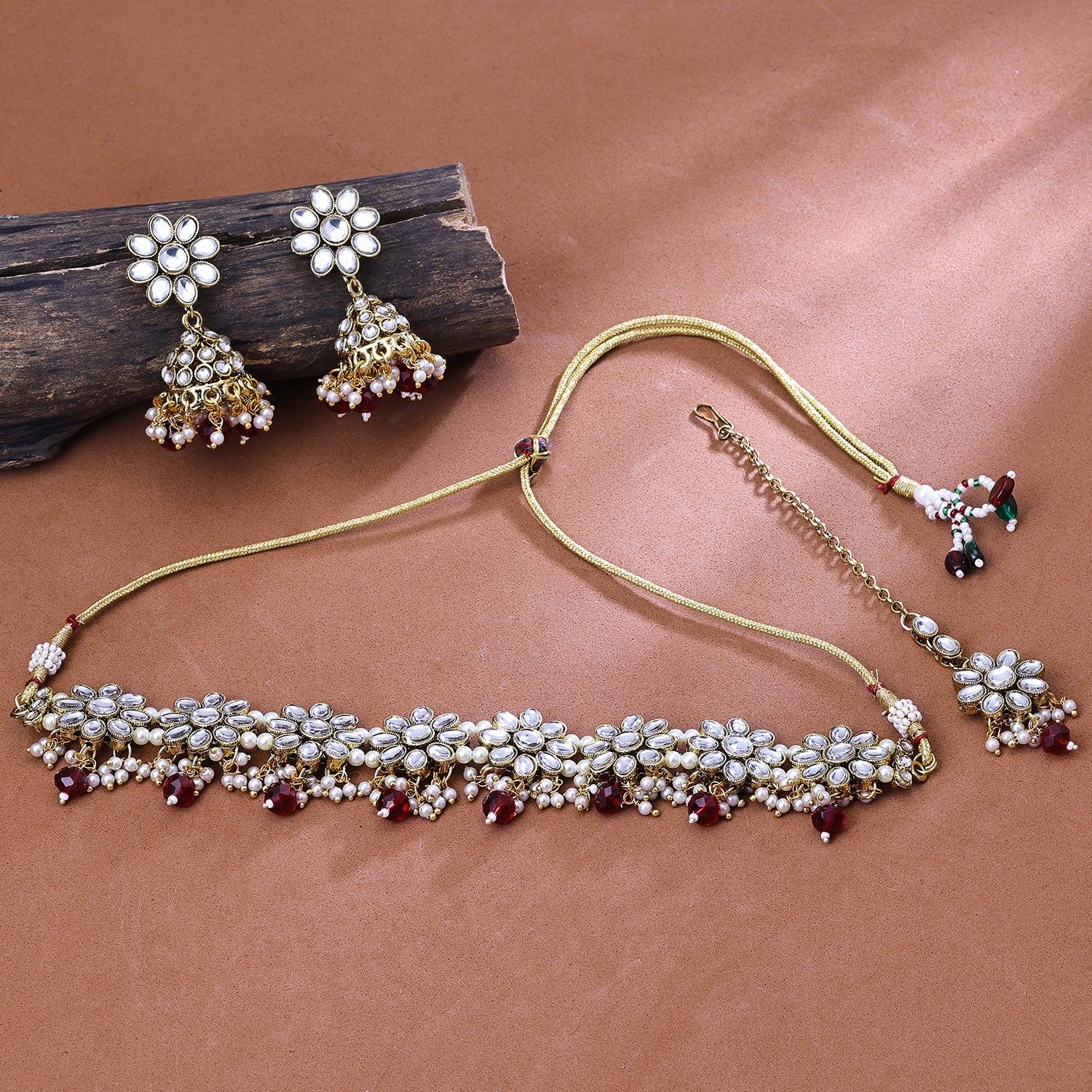 Sukkhi Gold Plated Kundan & Pearl Brown Choker Floral Necklace Set for Women