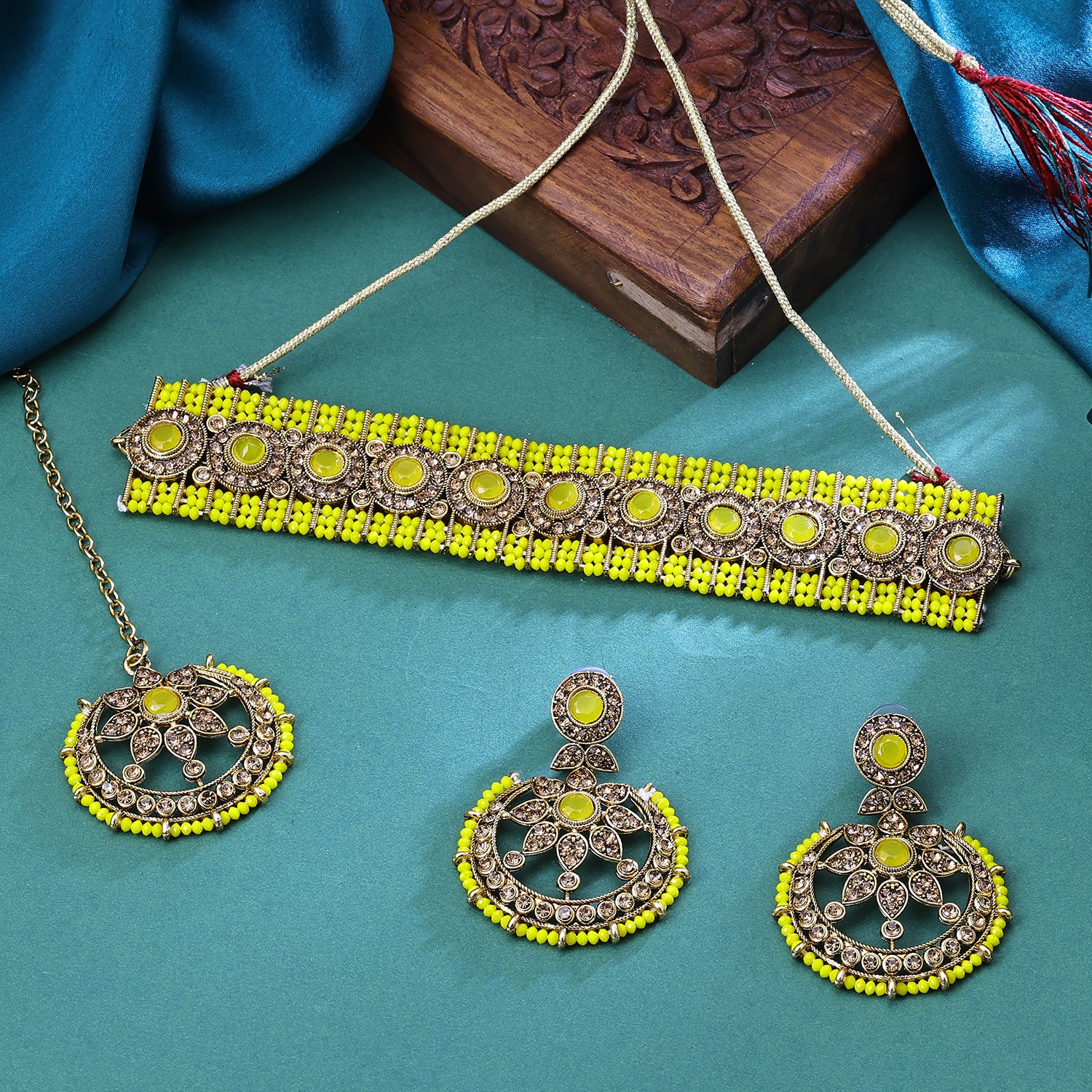 Sukkhi Gold Plated Color Stone & Austrain Stone Yellow Choker Round Shape Necklace Set for Women