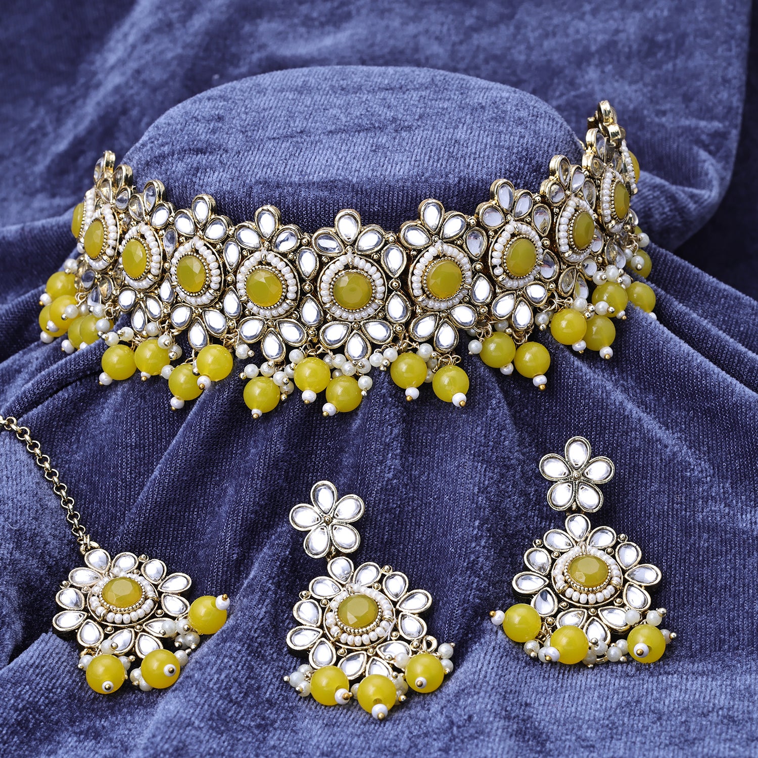 Sukkhi Gold Plated Color Stone & Kundan Yellow Choker Floral Necklace Set for Women