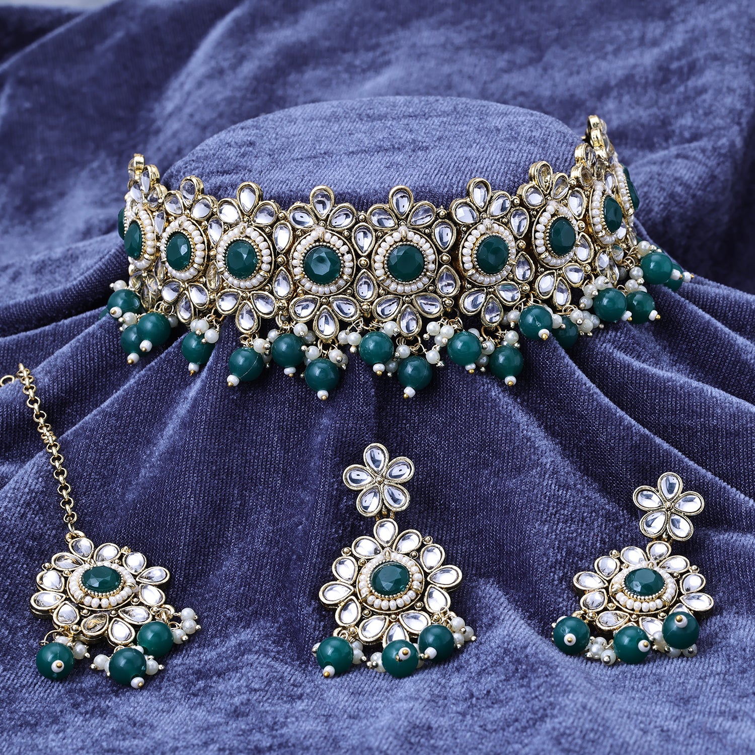 Sukkhi Gold Plated Color Stone & Kundan Green Choker Floral Necklace Set for Women