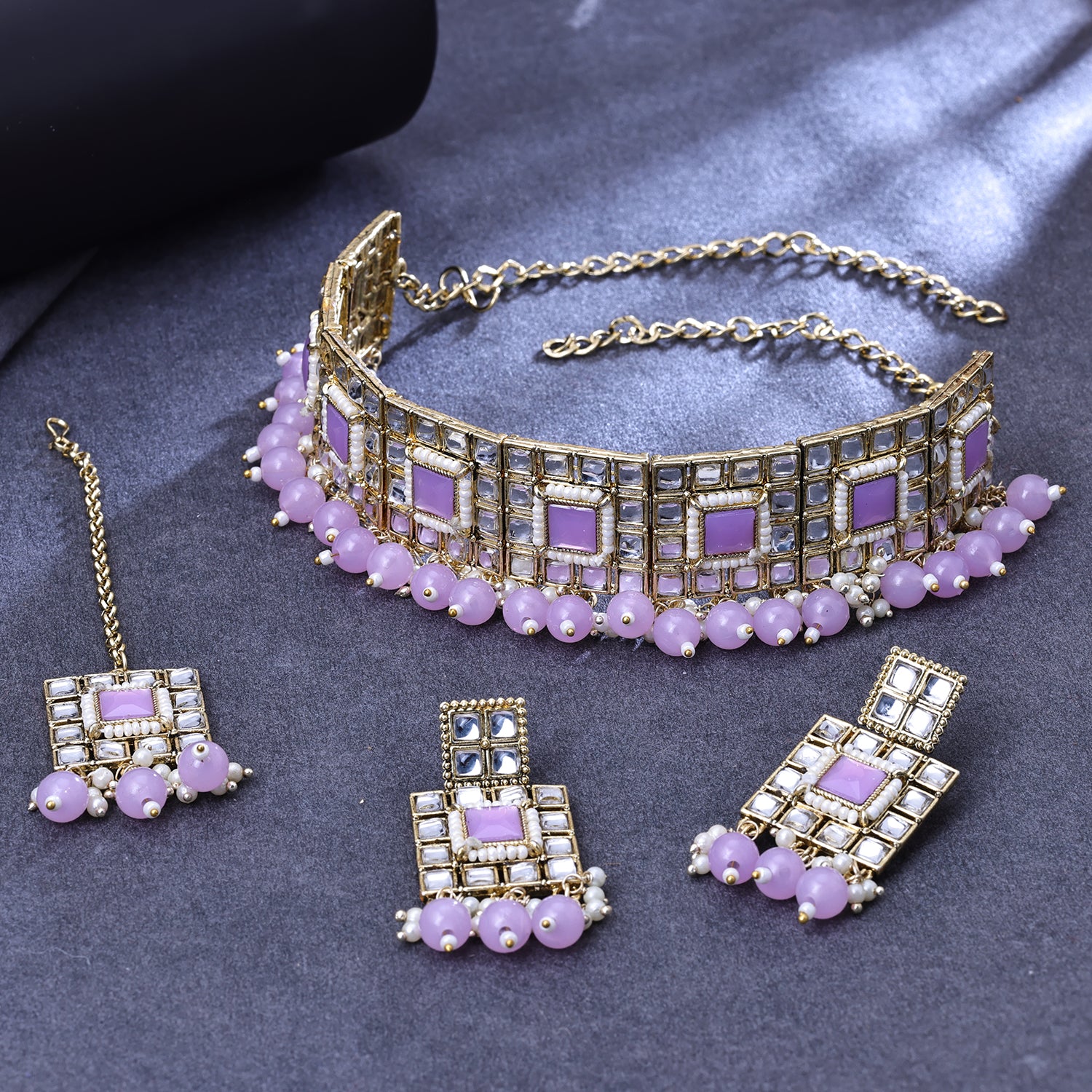 Sukkhi Gold Plated Color Stone & Kundan Light Pink Choker Square Shape Necklace Set for Women