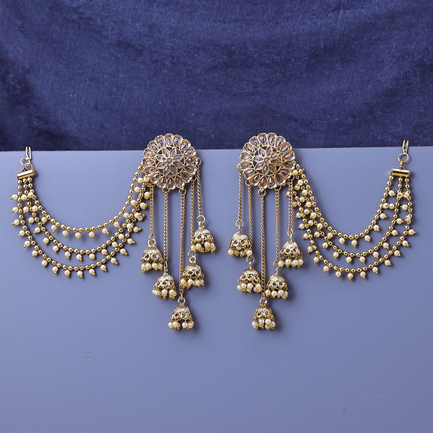Sukkhi Gold Plated LCT Stone Golden Layered Floral One Size Earrings With Chain for Women