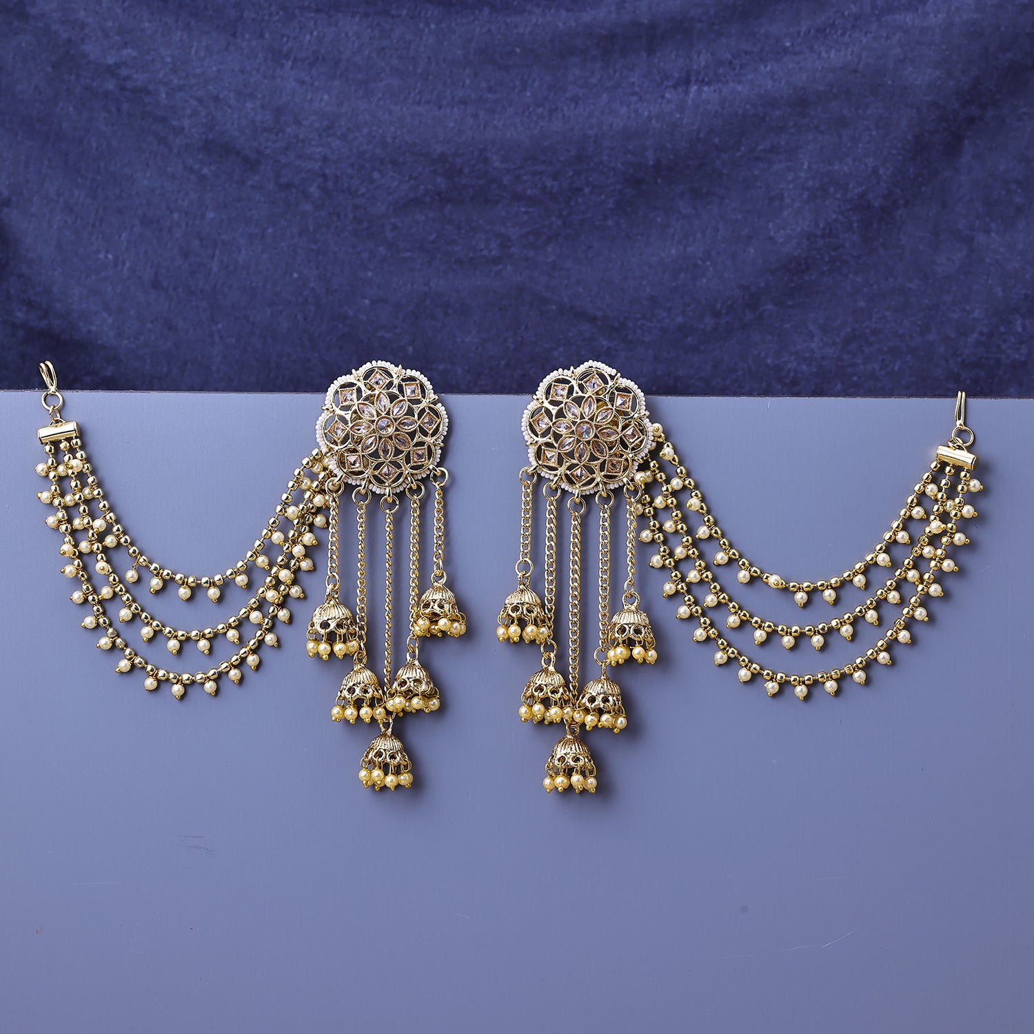 Sukkhi Gold Plated LCT Stone Golden Layered Floral One Size Earrings With Chain for Women