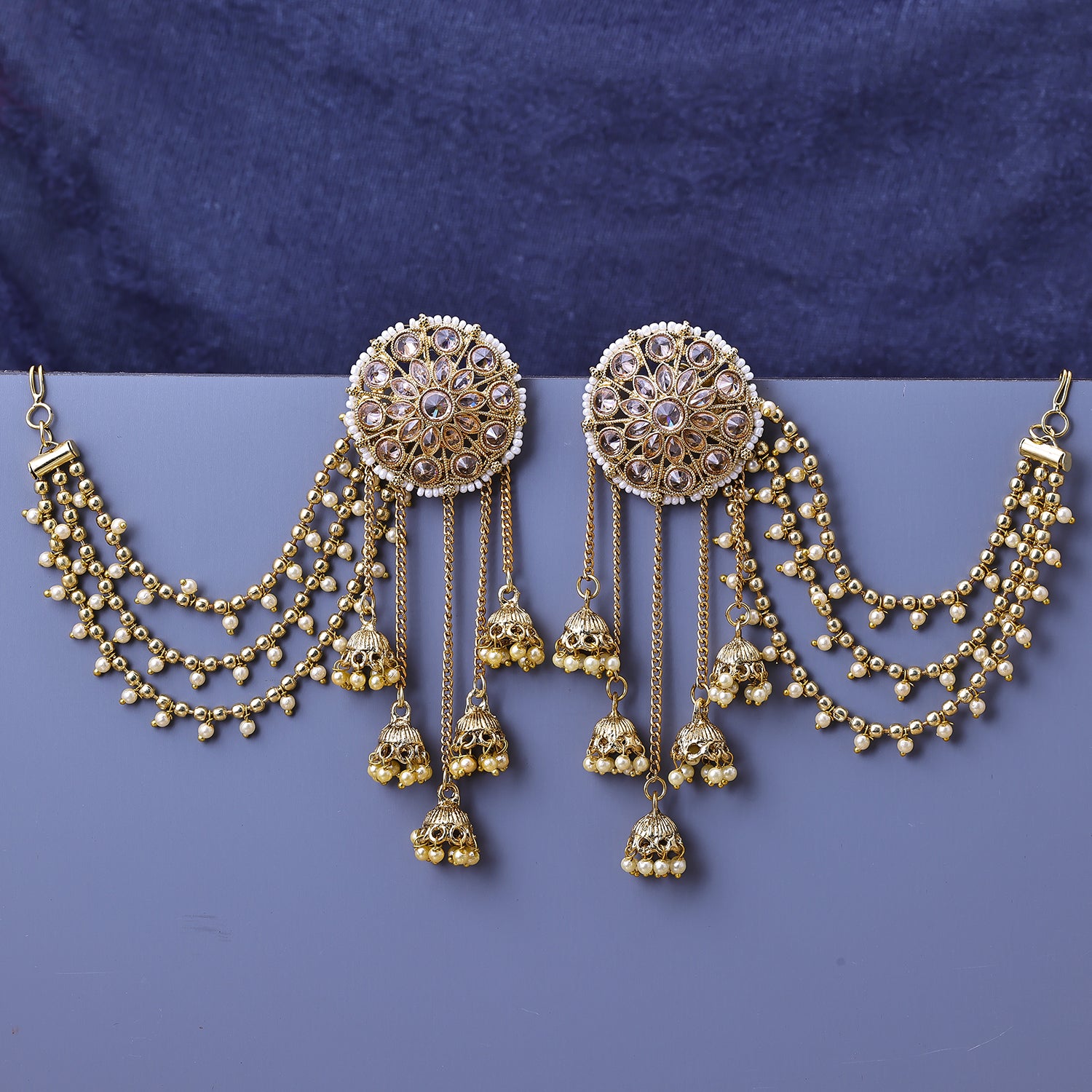 Sukkhi Gold Plated LCT Stone Golden Layered Floral One Size Earrings With Chain for Women