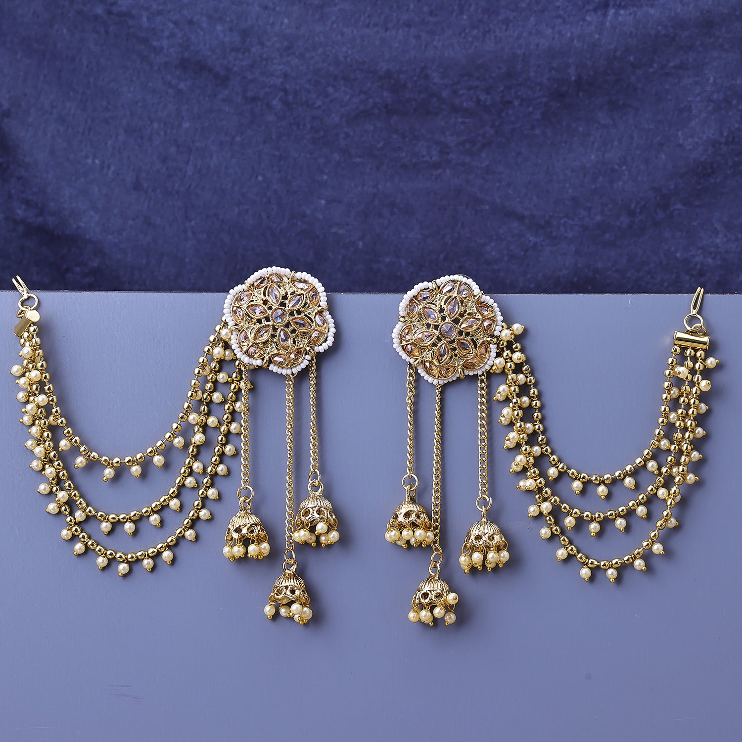 Sukkhi Gold Plated LCT Stone Golden Layered Floral One Size Earrings With Chain for Women
