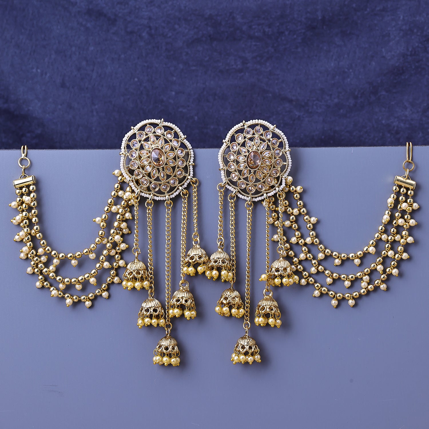Sukkhi Gold Plated LCT Stone Golden Layered Floral One Size Earrings With Chain for Women