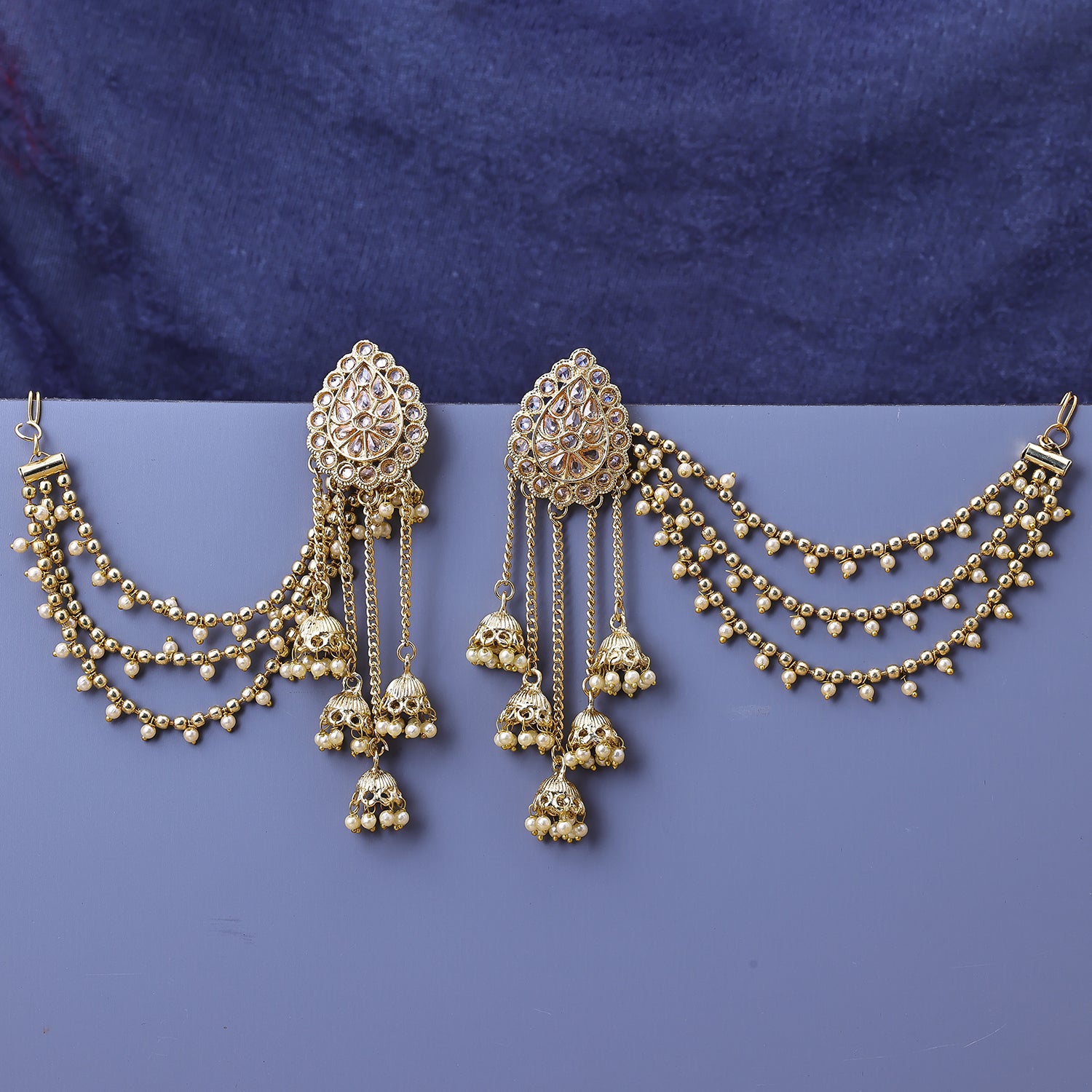 Sukkhi Gold Plated LCT Stone Golden Layered Floral One Size Earrings With Chain for Women
