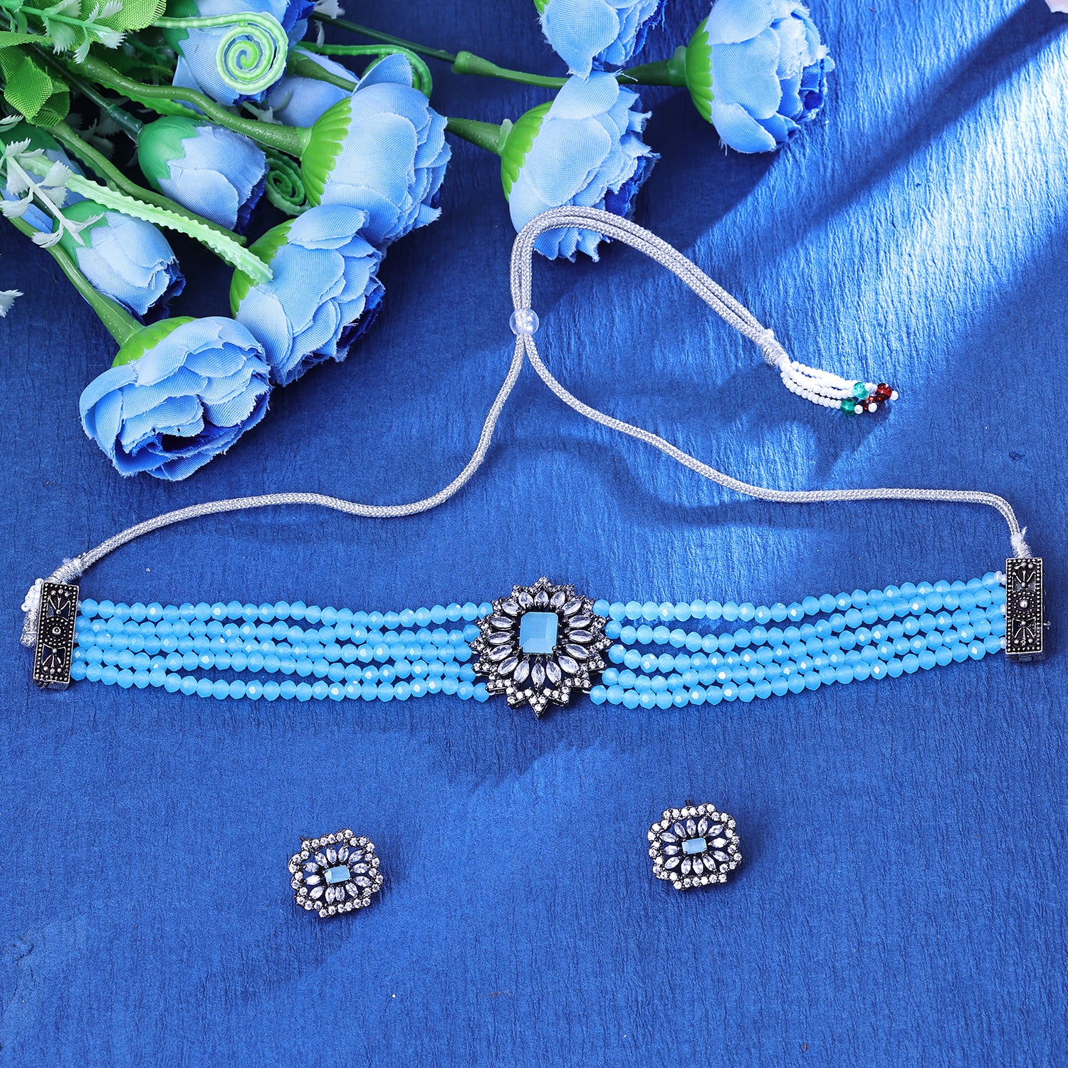 Sukkhi Fair Gold Plated Sky Blue Crystal Choker Necklace Set for Women