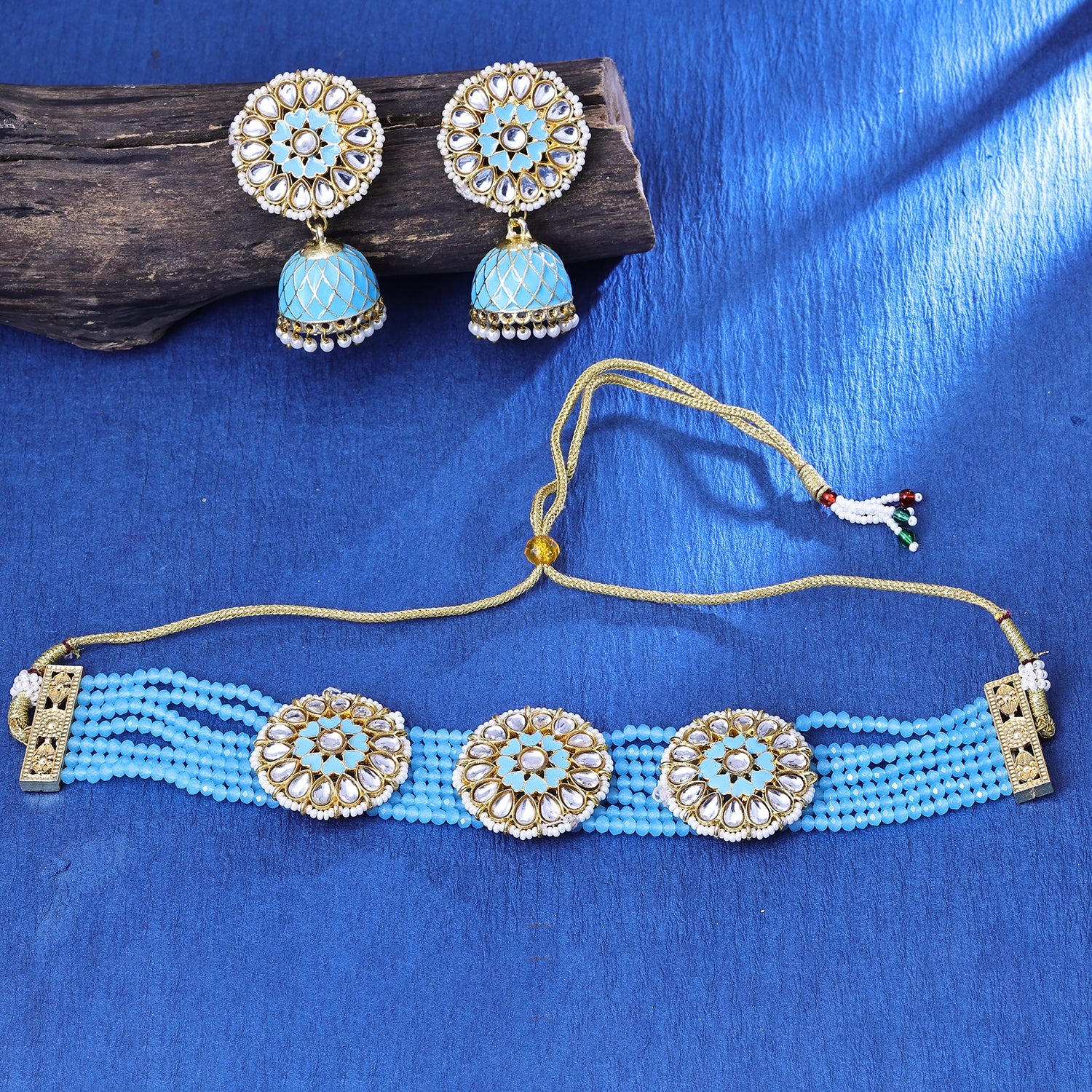 Sukkhi Lovesome Gold Plated Sky Blue Crystal Choker Necklace Set for Women