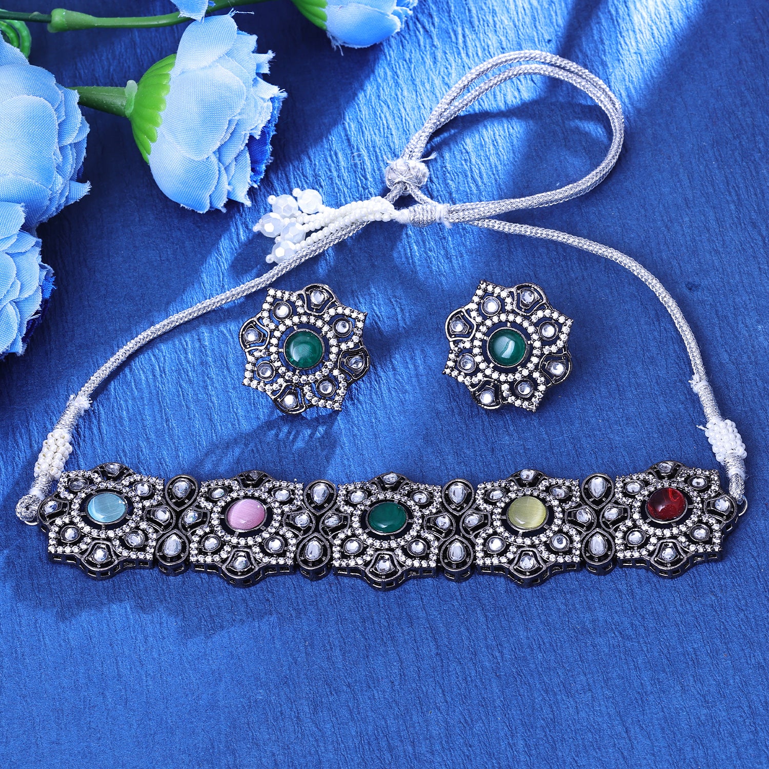 Sukkhi Enthralling Gold Plated Multicolor Color Stone Choker Necklace Set for Women