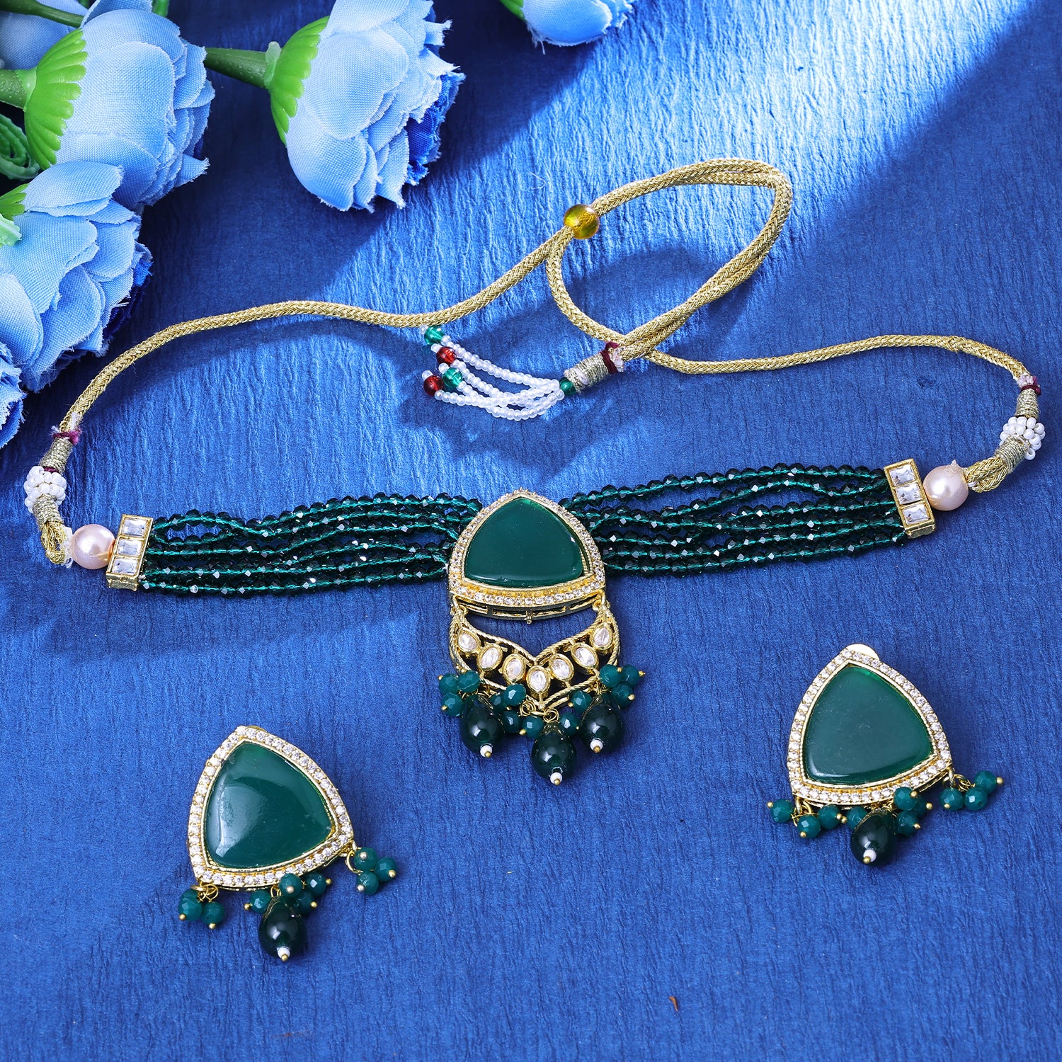 Sukkhi Gripping Gold Plated Green Color Stone Choker Necklace Set for Women