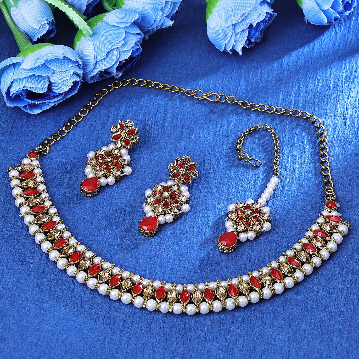 Sukkhi Tantalizing Gold Plated Red & White Pearl Choker Necklace Set With Maang Tikka for Women