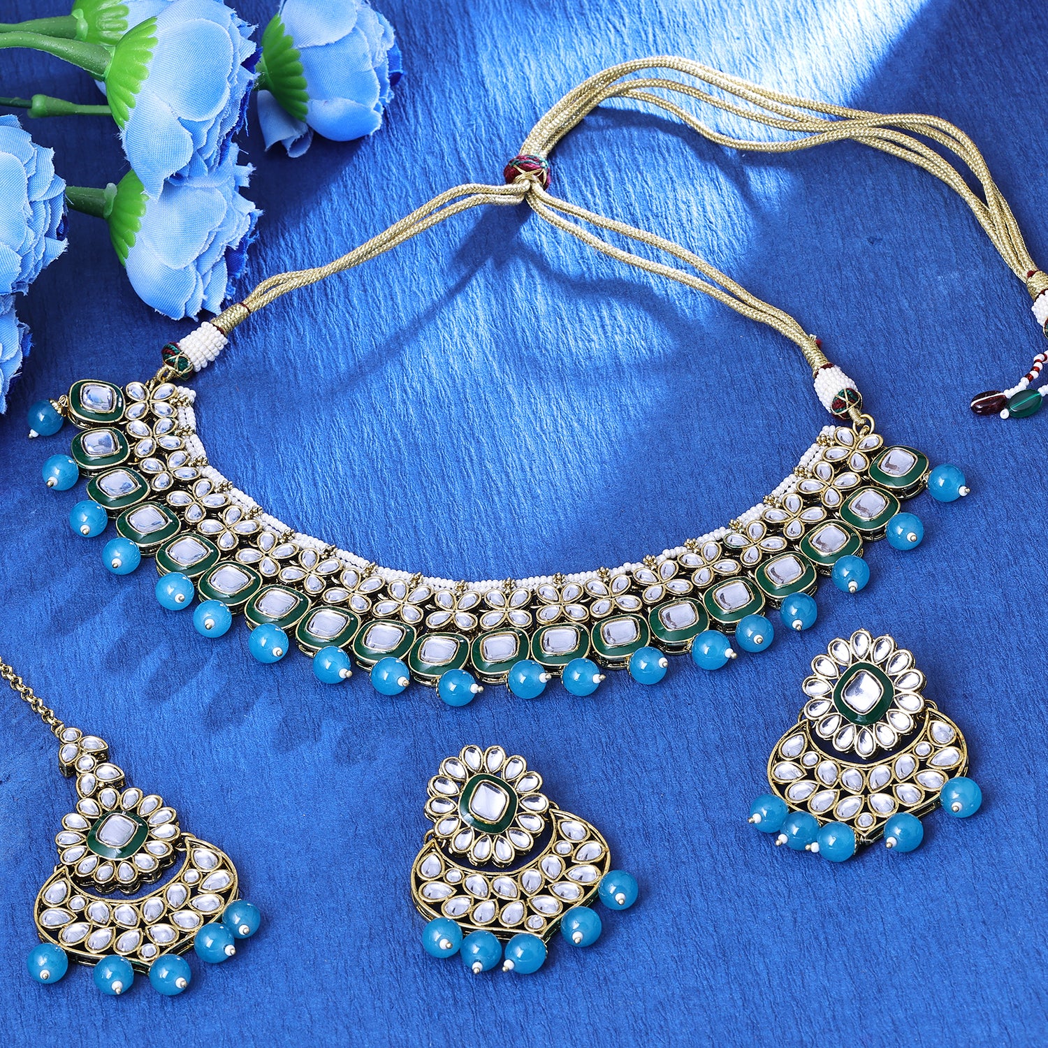 Sukkhi Delightful Gold Plated Sky Blue Kundan Collar Necklace Set