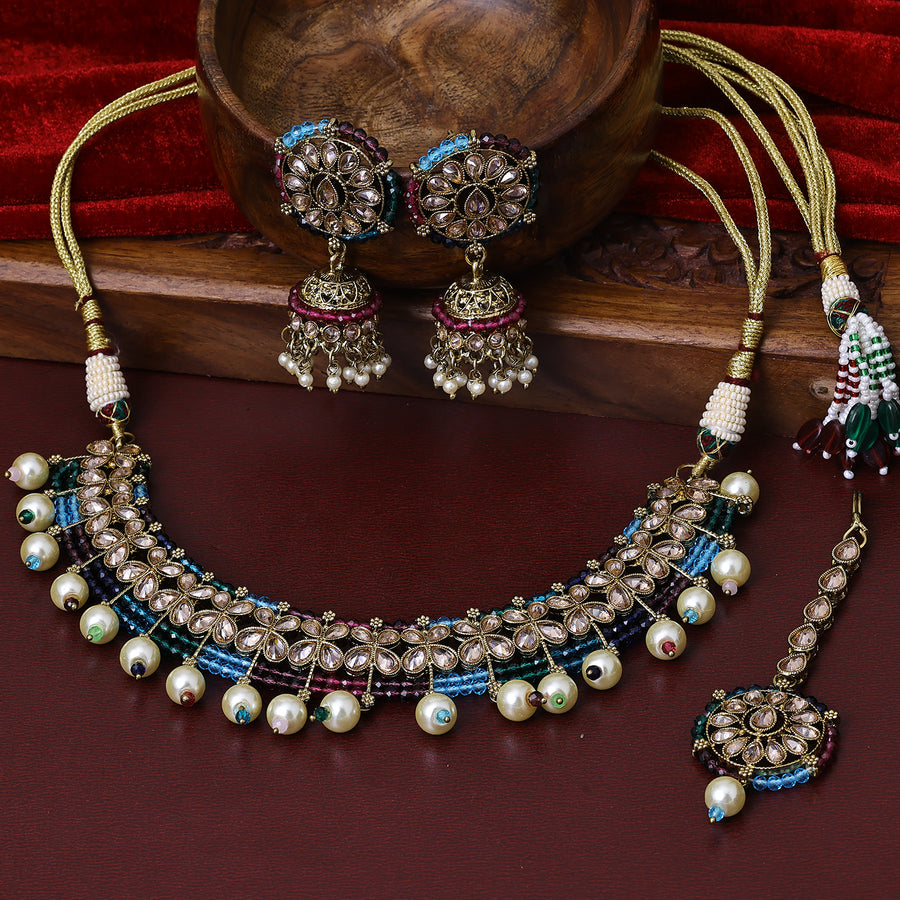 Sukkhi Pleasing Gold Plated Multicolor Pearl Choker Necklace Set With Maang Tikka for Women