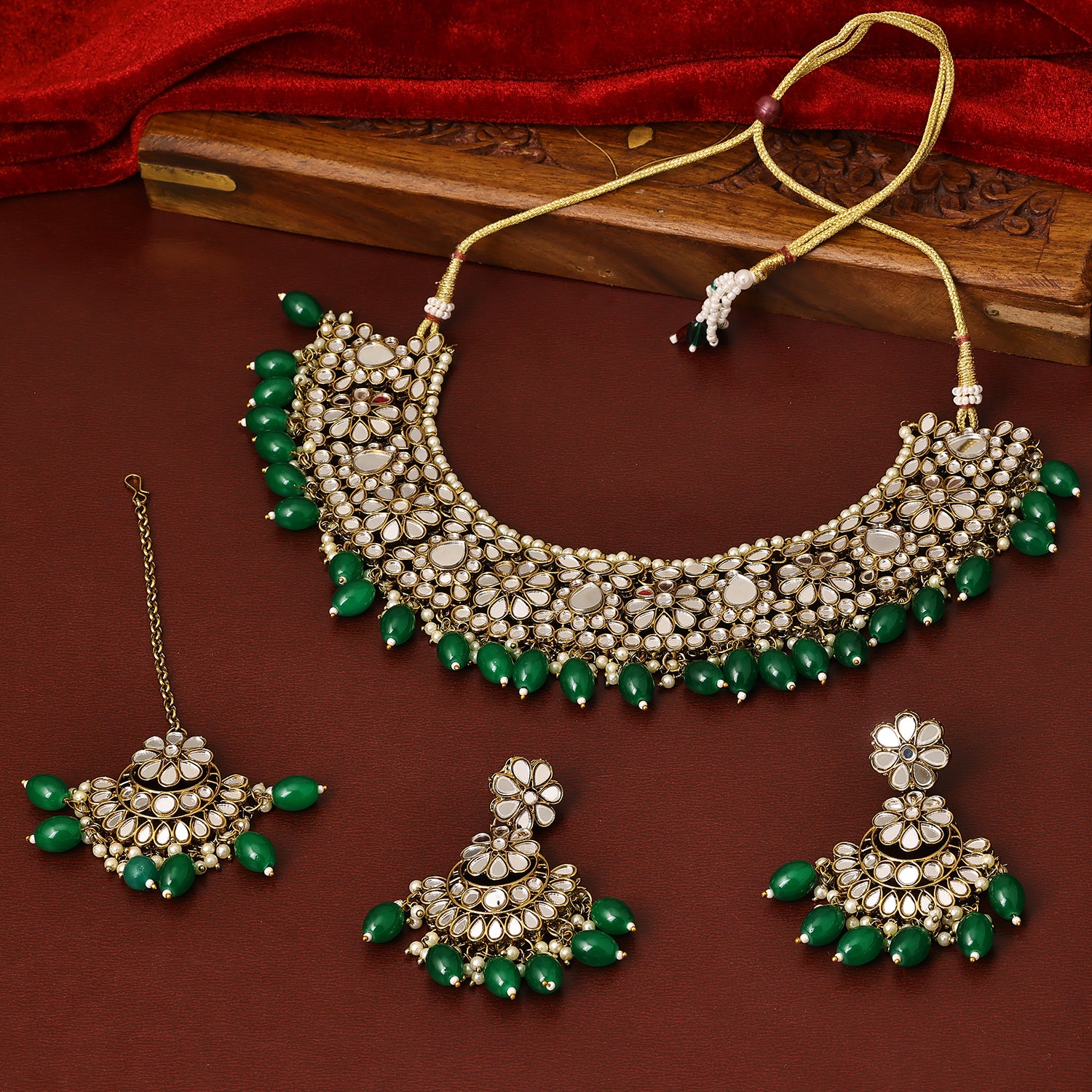 Sukkhi Good-Looking Gold Plated Green Mirror Stone Collar Necklace Set With Maang Tikka for Women