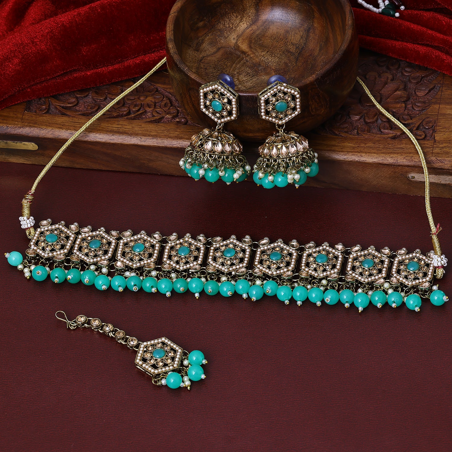 Sukkhi Goodly Gold Plated Sky Blue Austrian Stone Choker Necklace Set With Maang Tikka for Women