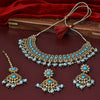 Sukkhi Exquisite Gold Plated Sky Blue Color Stone Choker Necklace Set With Maang Tikka for Women