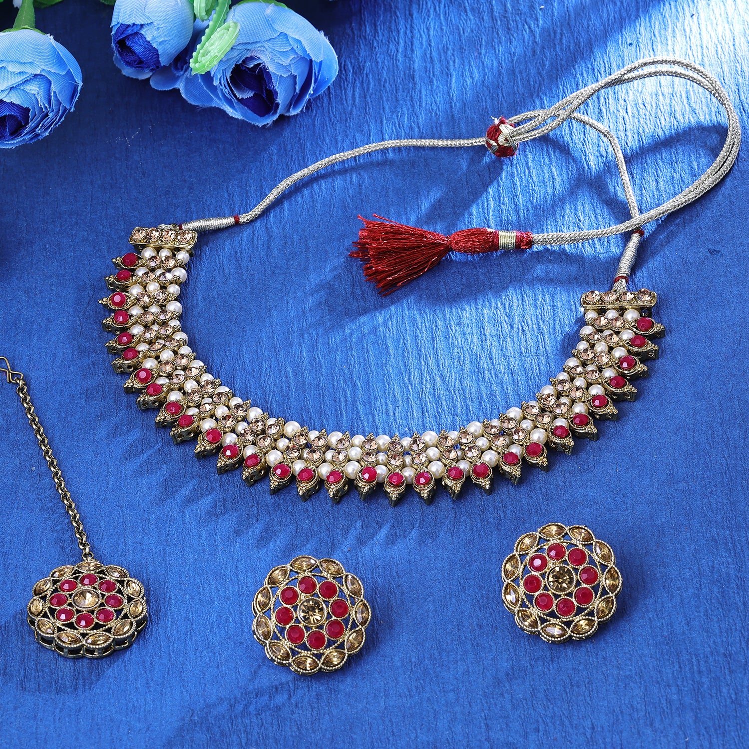 Sukkhi Sublime Gold Plated Pink Austrian Stone Choker Necklace Set With Maang Tikka for Women