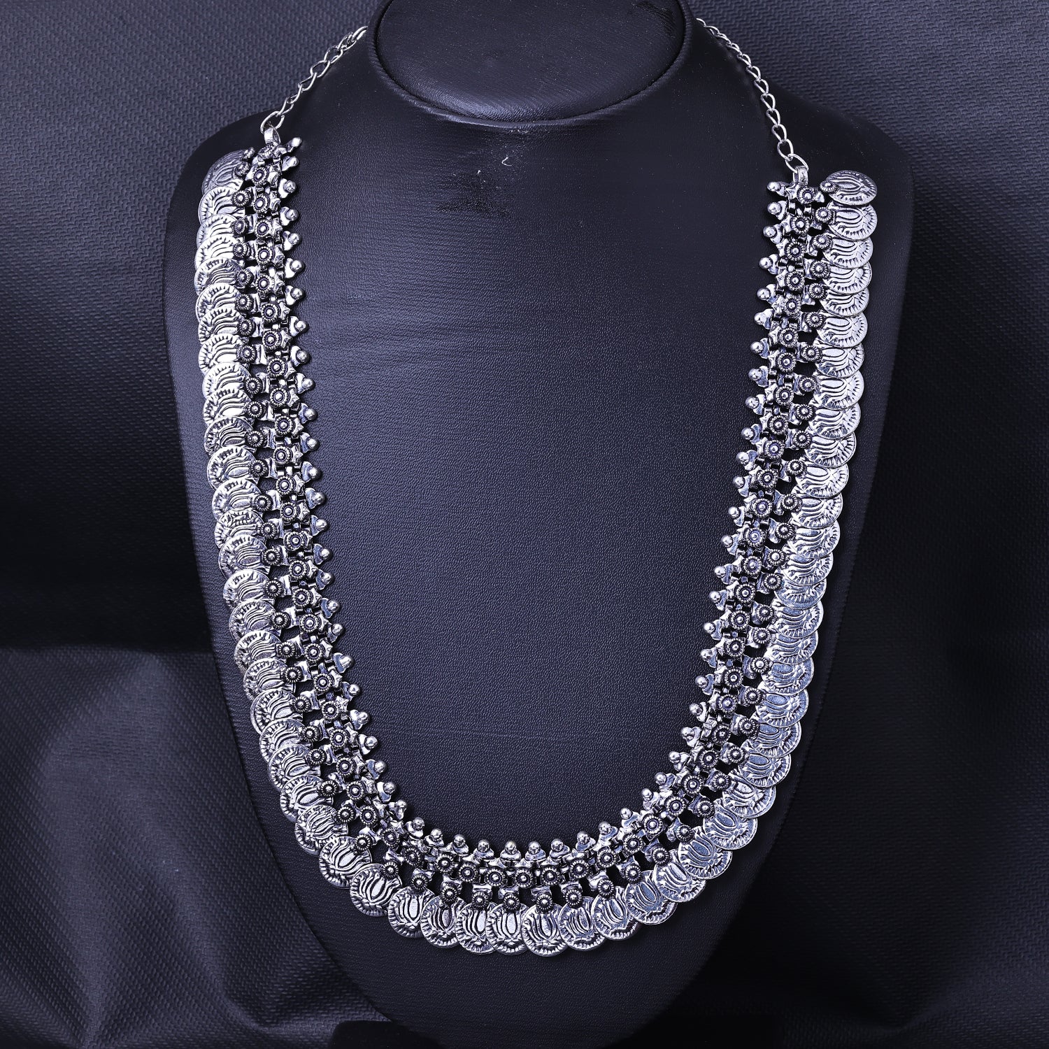 Shiny polki stone Silver Rhodium plated Long Haram Necklace Set – Simpliful  Jewelry