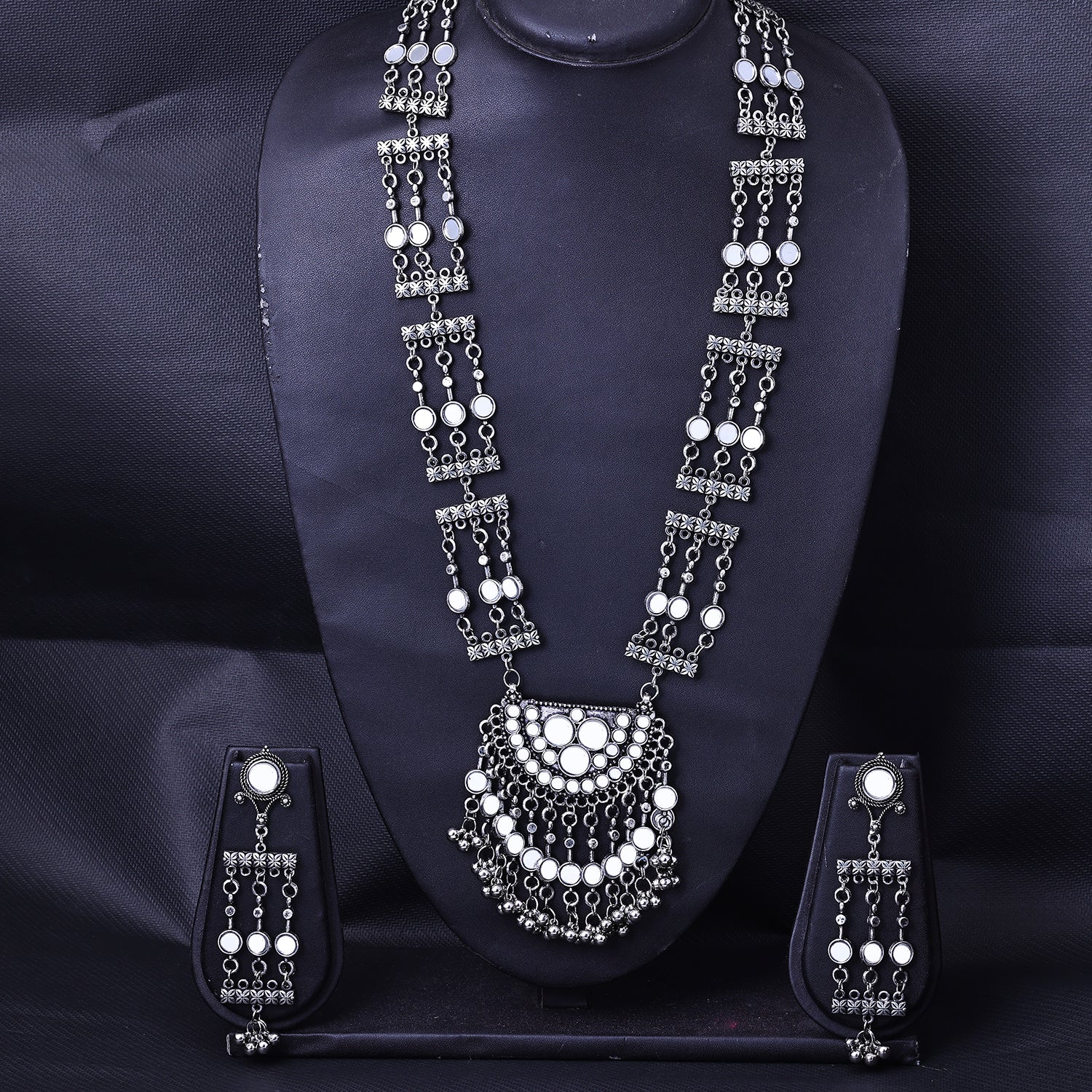 Sukkhi Toothsome Rhodium Plated Silver Mirror Stone Long Haram Necklace Set for Women