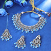 Sukkhi Glossy Gold Plated Sky Blue Crystal & Color Stone Collar Necklace Set With Maang Tikka for Women