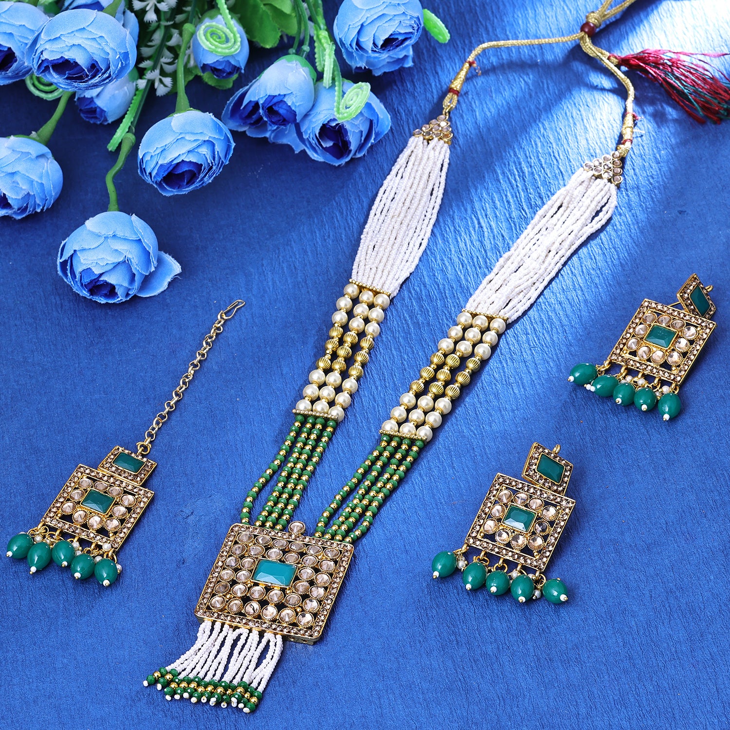Sukkhi Showy Gold Plated Green & White Pearl Long Haram Necklace Set With Maang Tikka for Women