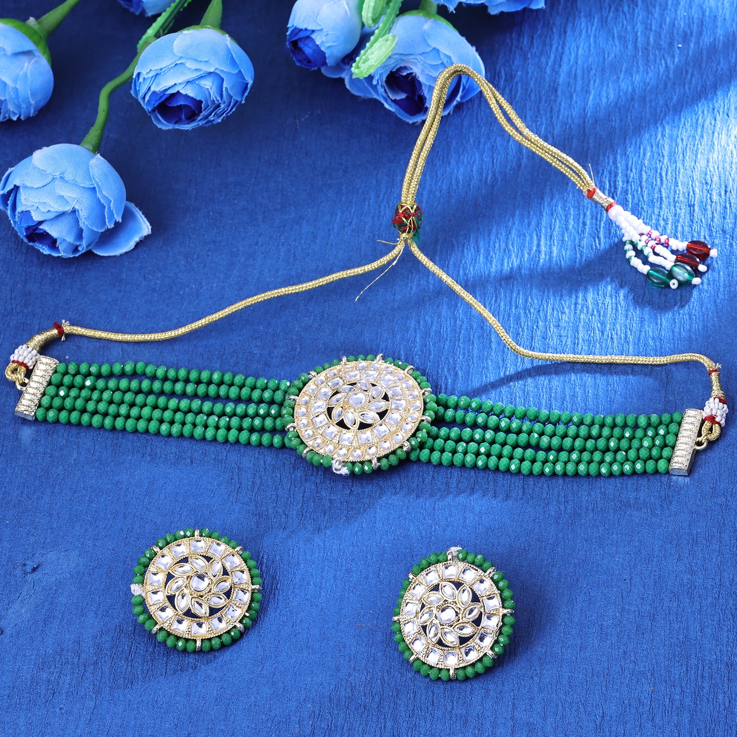 Sukkhi Slick Gold Plated Green & White Crystal & Crystal Choker Necklace Set for Women