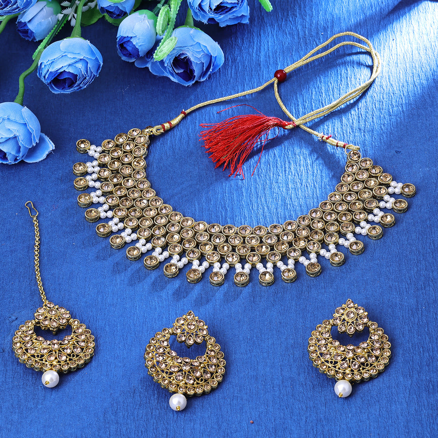 Sukkhi Intriguing Green Gold Plated Pearl Choker Necklace Set With Maang  Tikka For Women