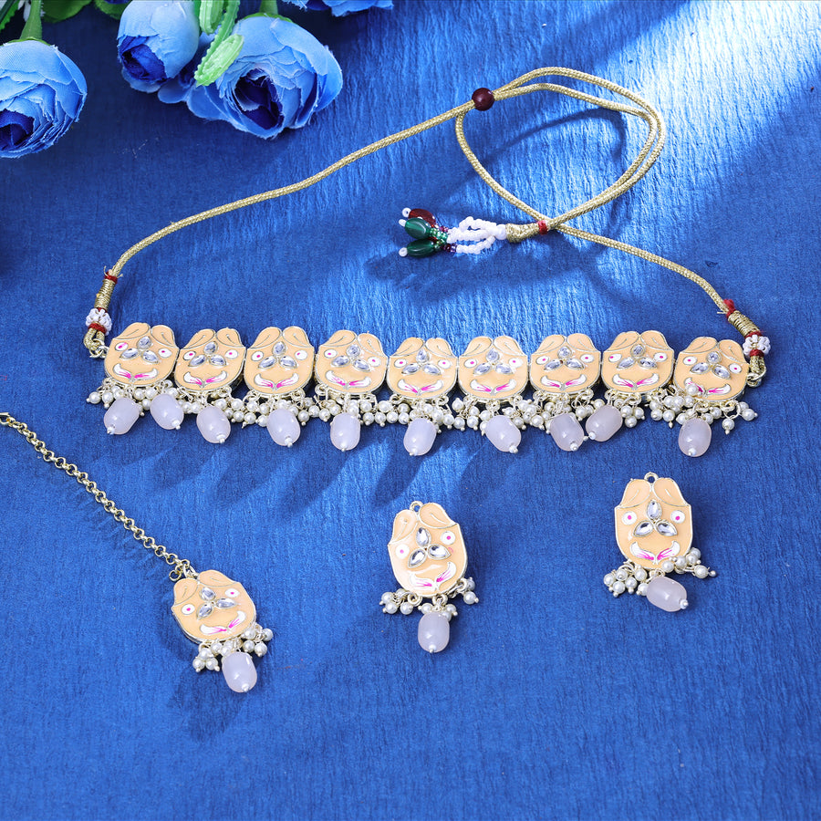 Sukkhi Passable Rhodium Plated Peach Artificial Stone Choker Necklace Set With Maang Tikka for Women
