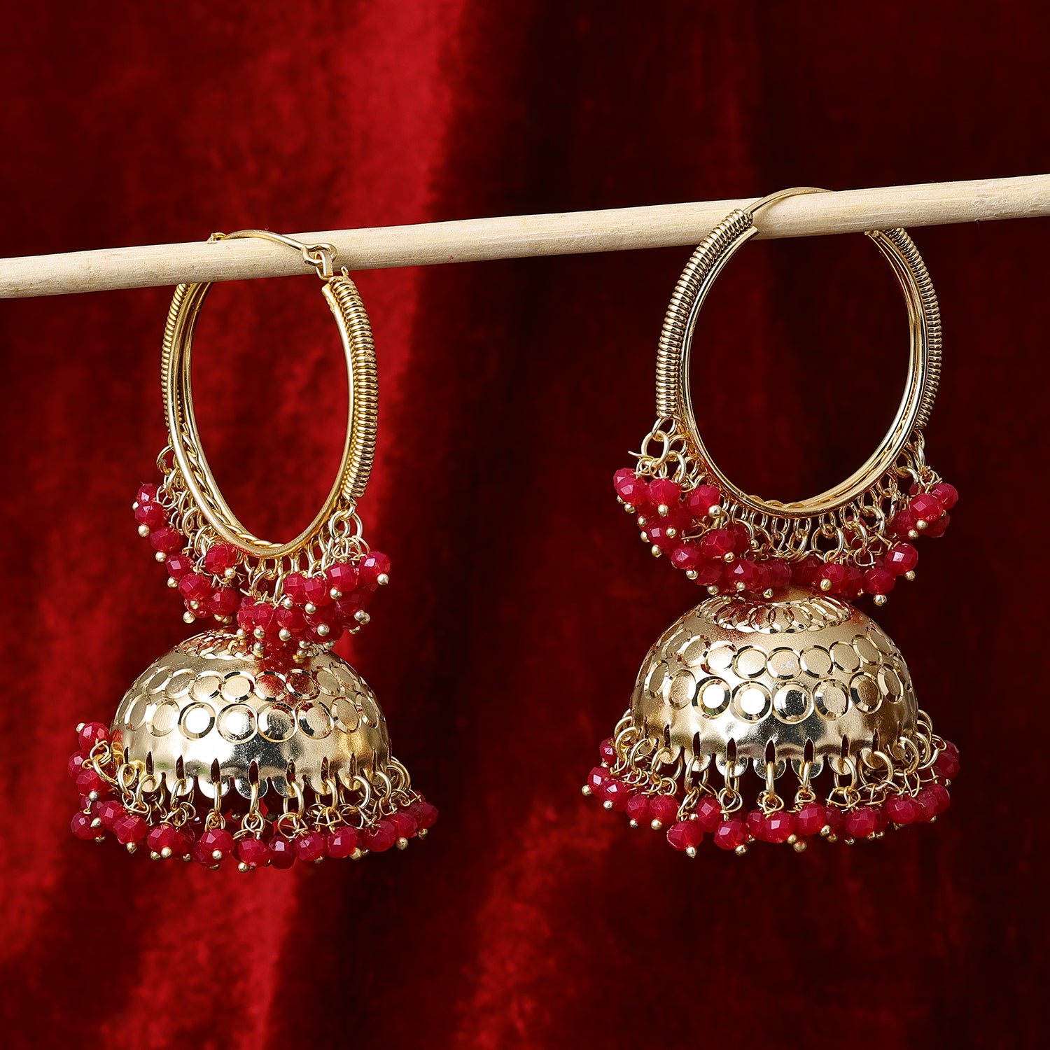 Sukkhi Enthralling Gold Plated Pink Artificial Stone Hoop Jhumki Earrings for Women