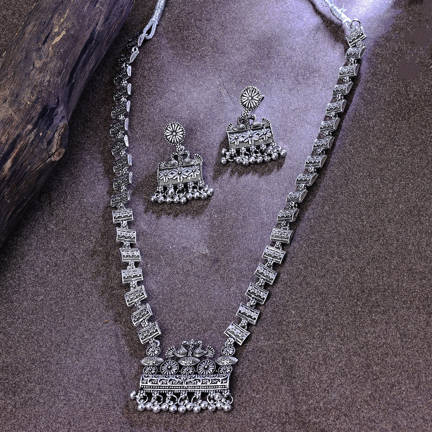 Sukkhi Riveting Rhodium Plated Silver Long Haram Necklace Set for Women
