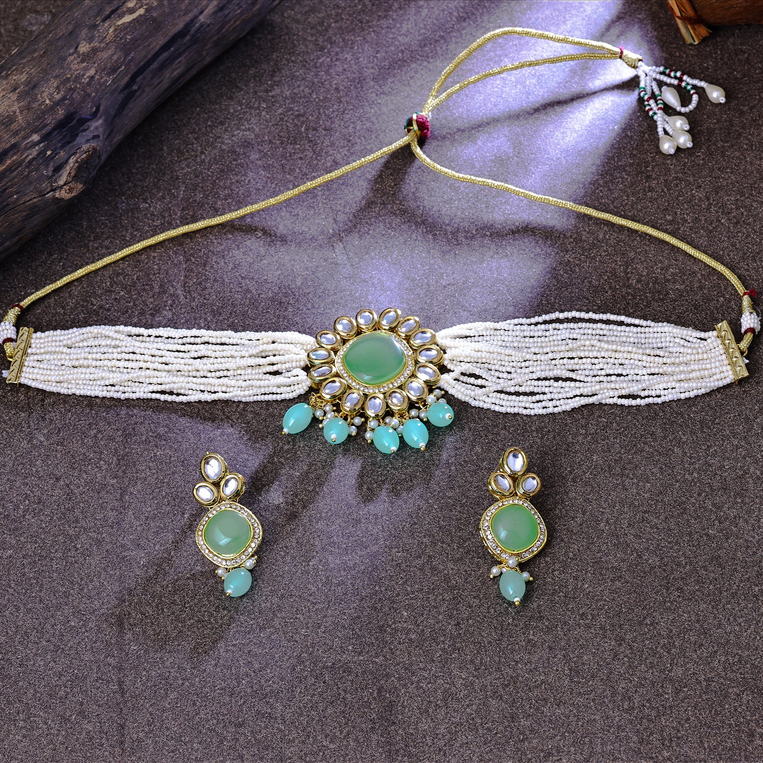Sukkhi Interesting Gold Plated Light Green & White Color Stone Choker Necklace Set for Women