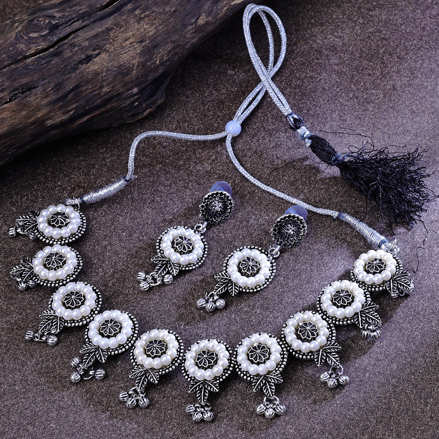 Sukkhi Enchanting Rhodium Plated White & Silver Pearl Collar Necklace Set for Women