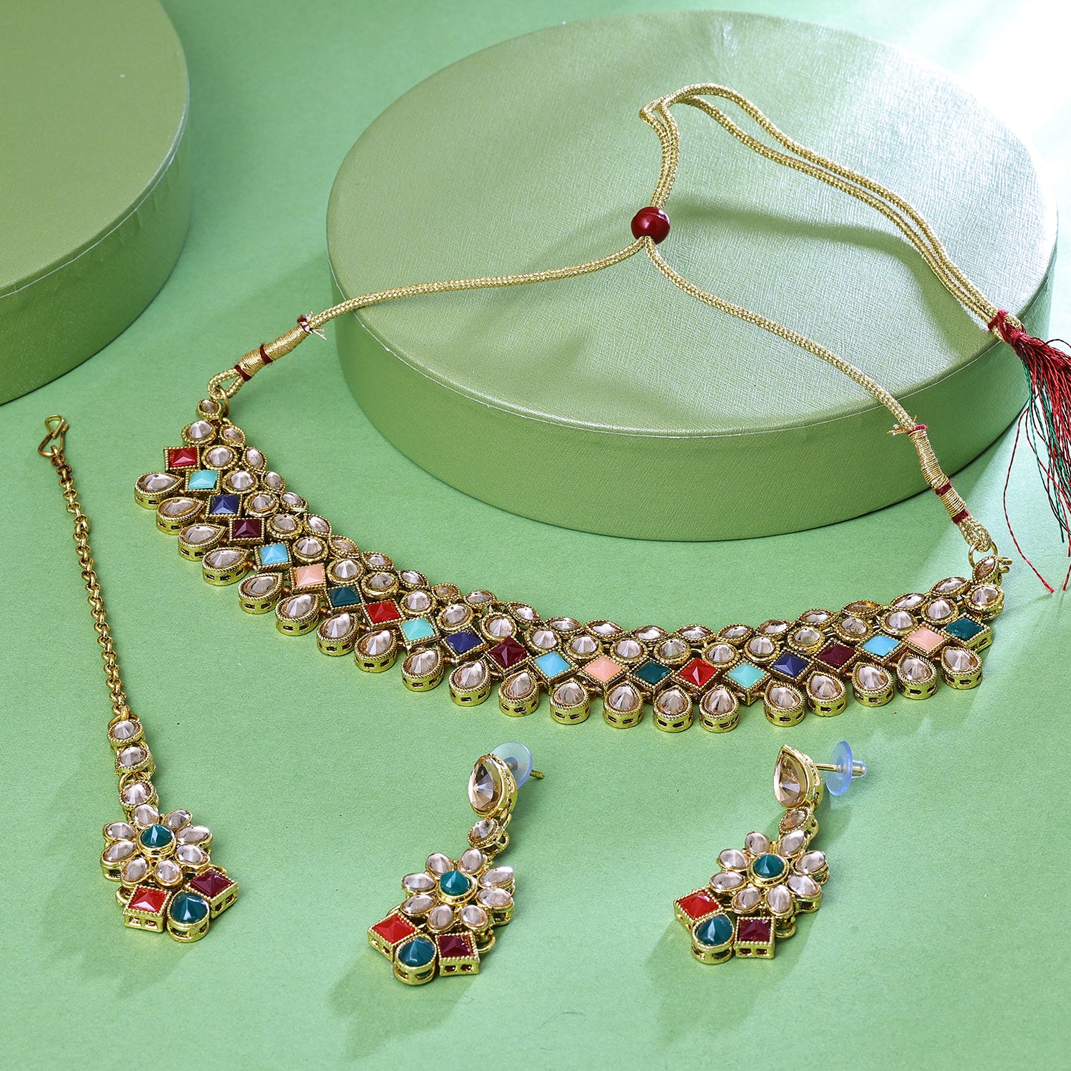Sukkhi Tempting Gold Plated Multicolor Color Stone Choker Necklace Set With Maang Tikka for Women