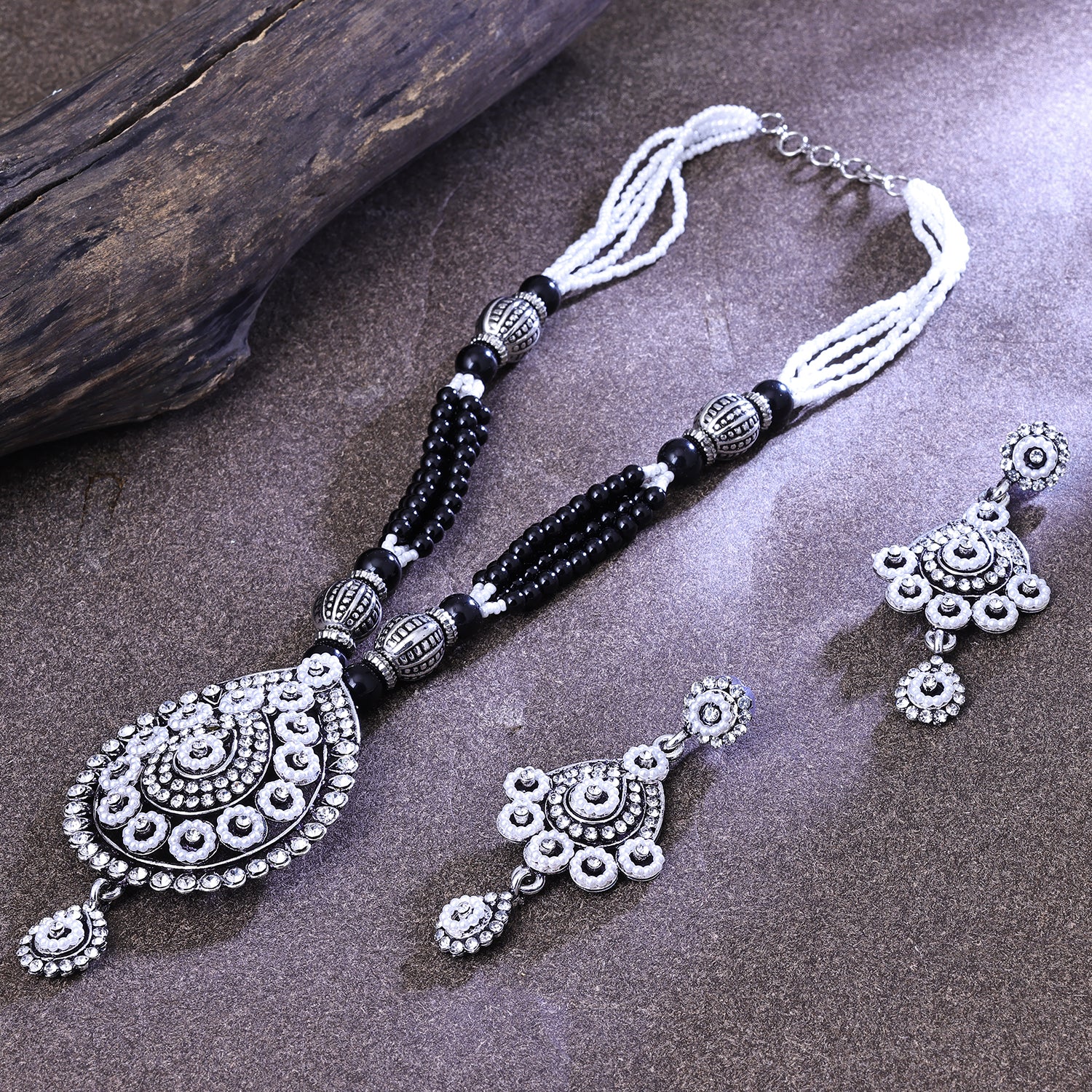 Sukkhi Intriguing Rhodium Plated Black & White Artificial Stone Collar Necklace Set for Women