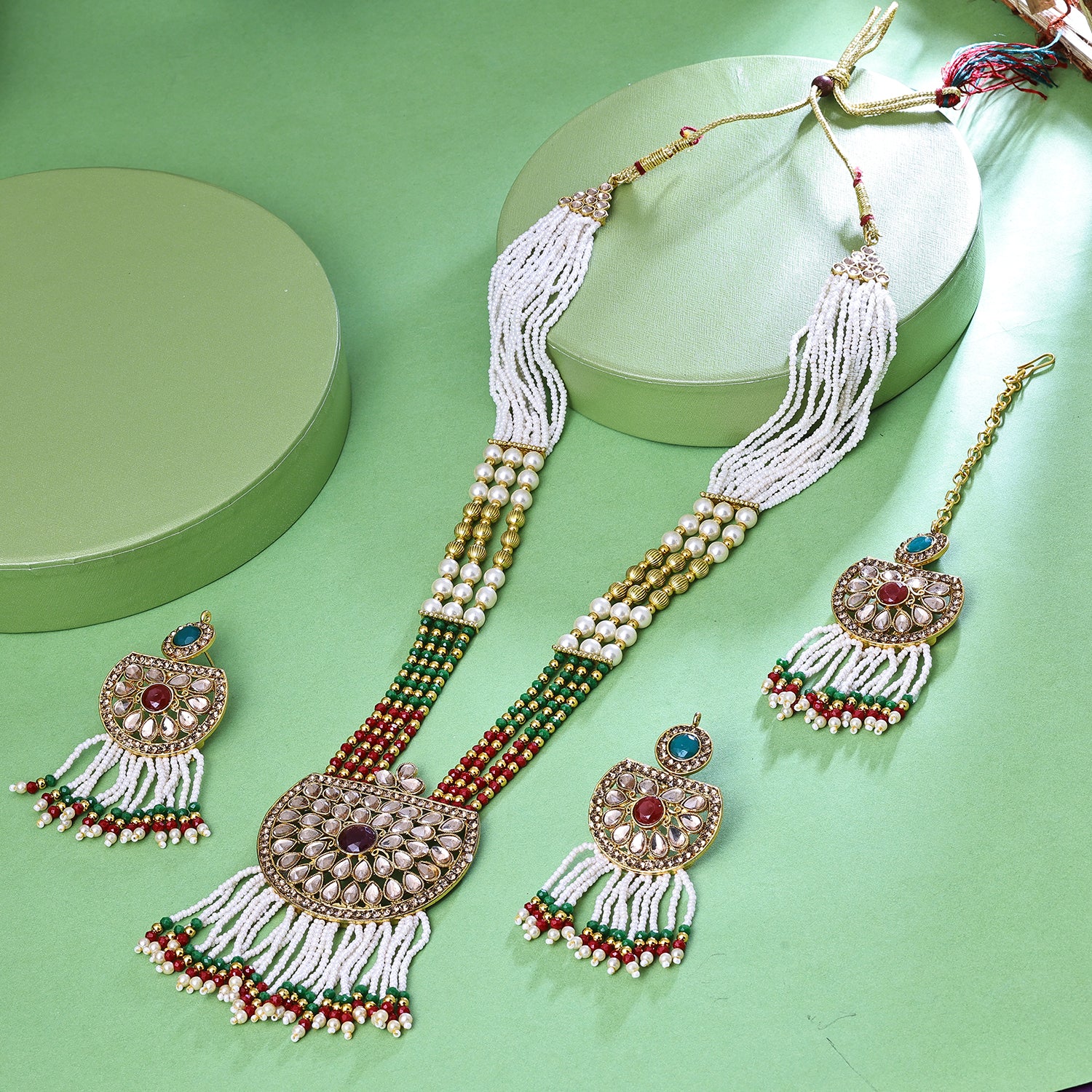 Sukkhi Darling Gold Plated Multicolor LCT Stone & Pearl Long Haram Necklace Set With Maang Tikka for Women