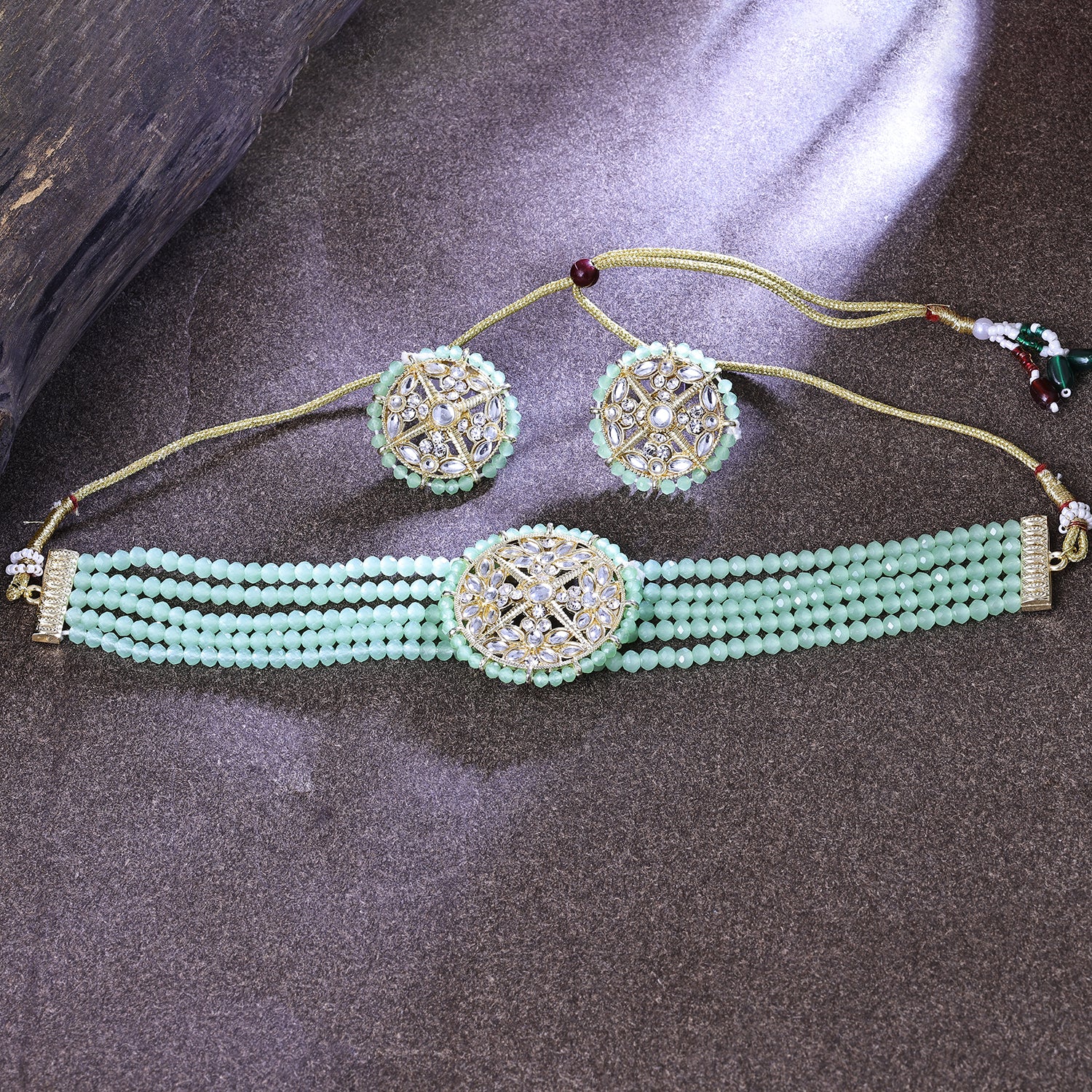 Sukkhi Pleasant Gold Plated Aqua Green Crystal Choker Necklace Set for Women