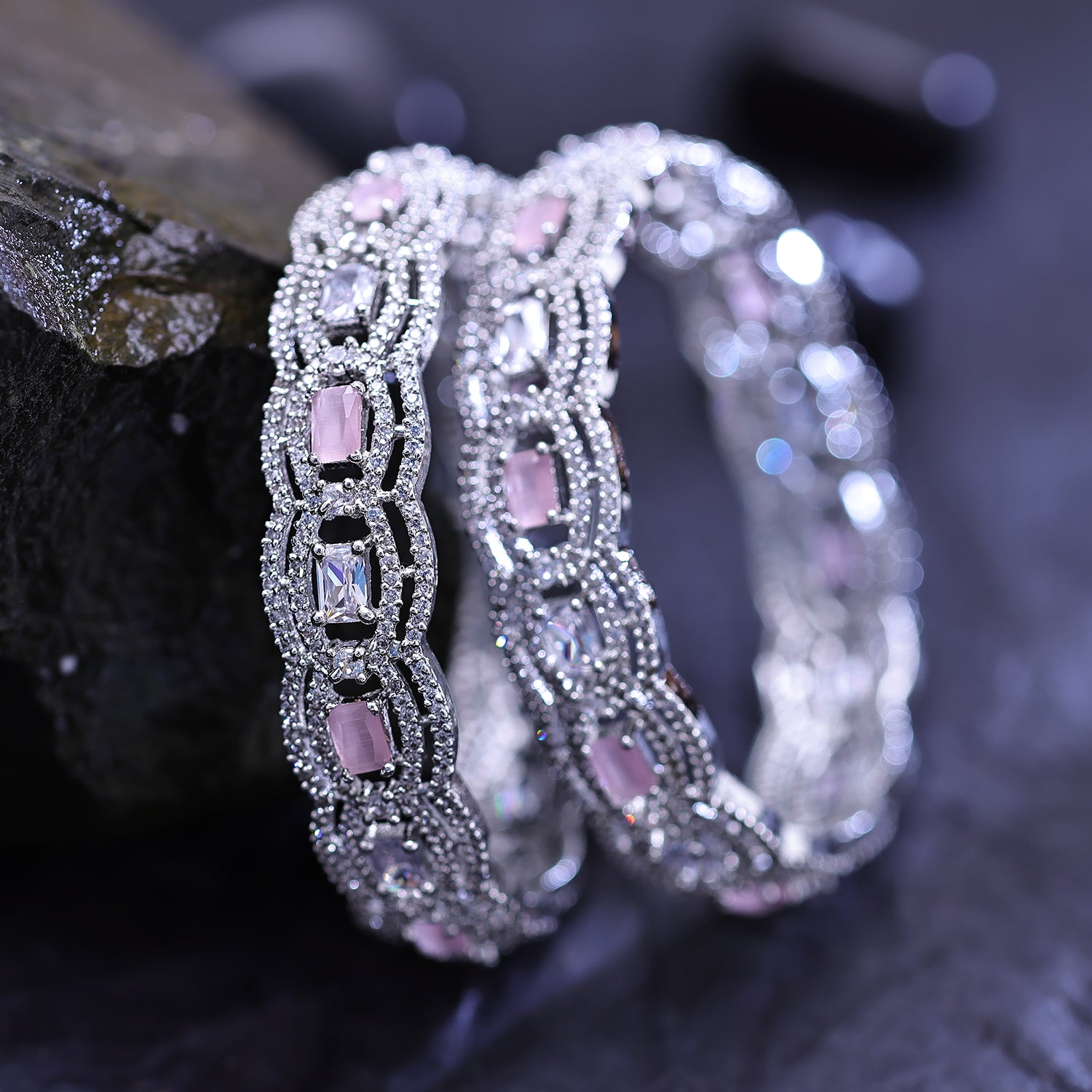 Sukkhi Inviting Silver CZ Stone Rhodium Plated Traditional Set Of 2 Bangles for Women