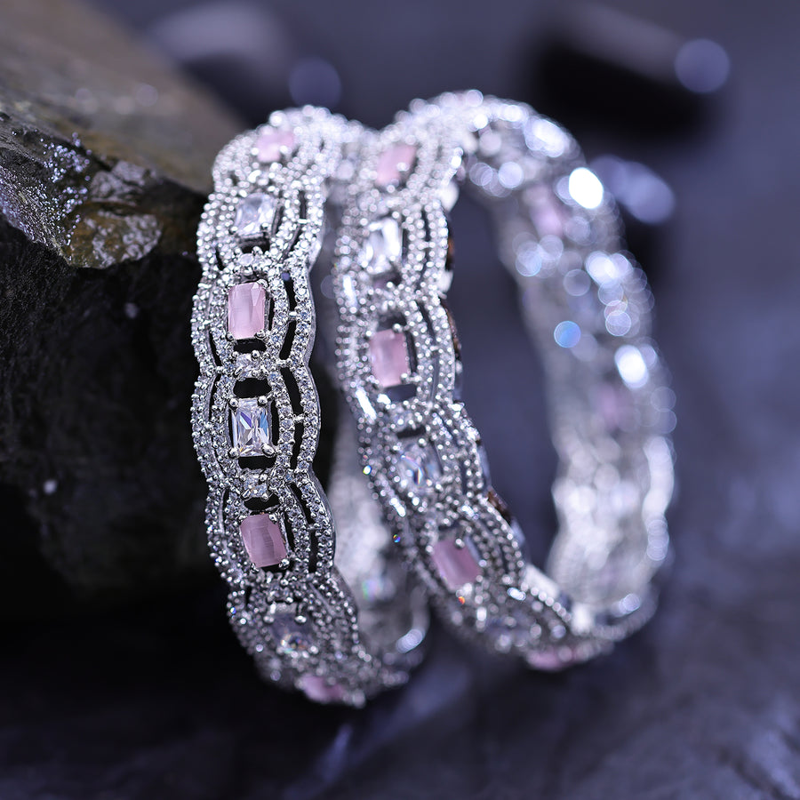 Sukkhi Inviting Silver CZ Stone Rhodium Plated Traditional Set Of 2 Bangles for Women