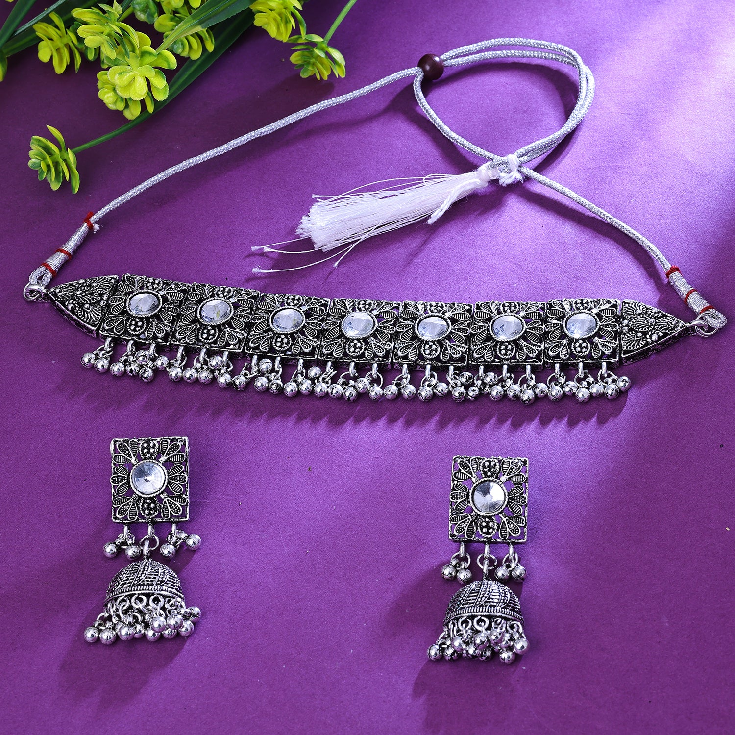 Sukkhi Glorious White Austrian Stone Oxidised Traditional Necklace Set for Women